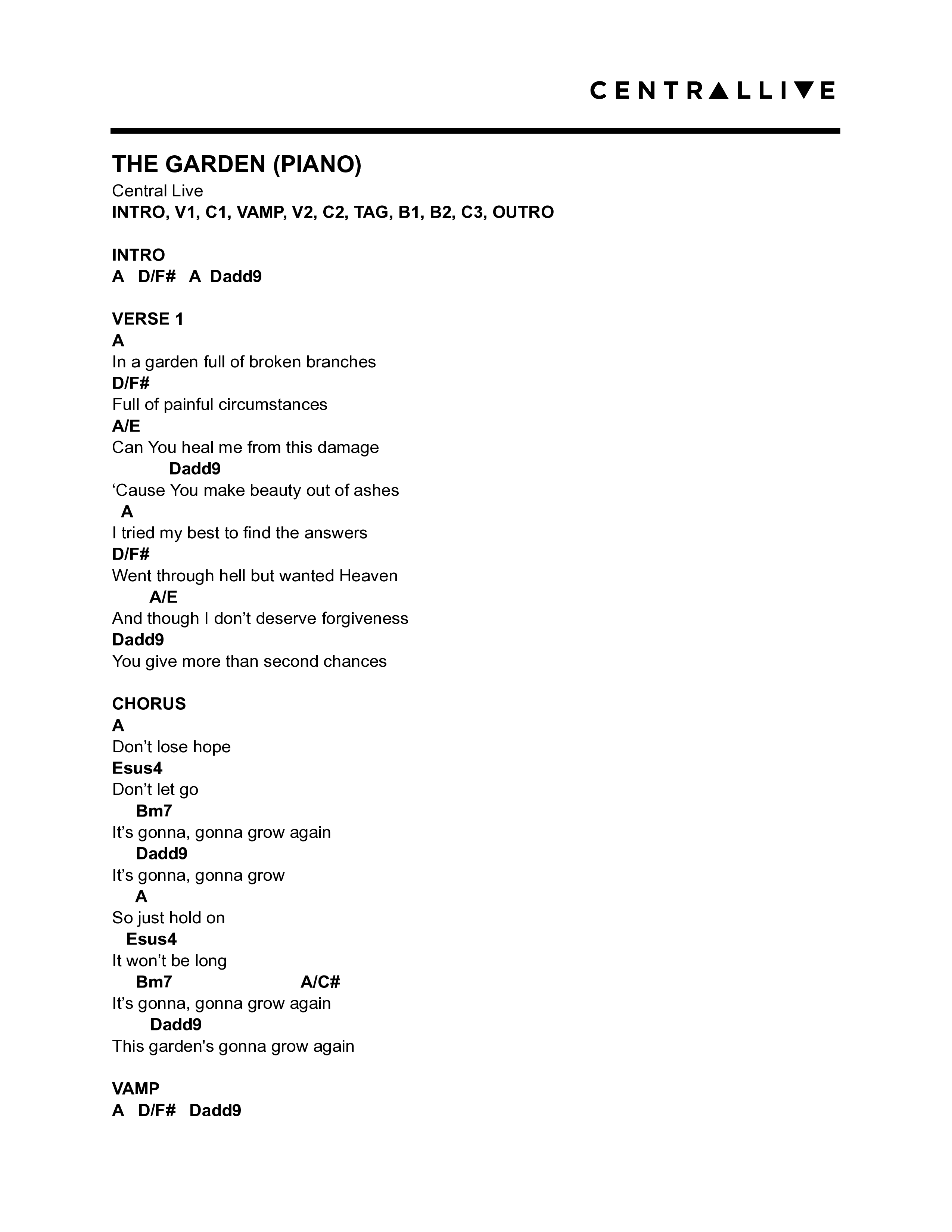 The Garden (Piano) Chord Chart (Central Live)