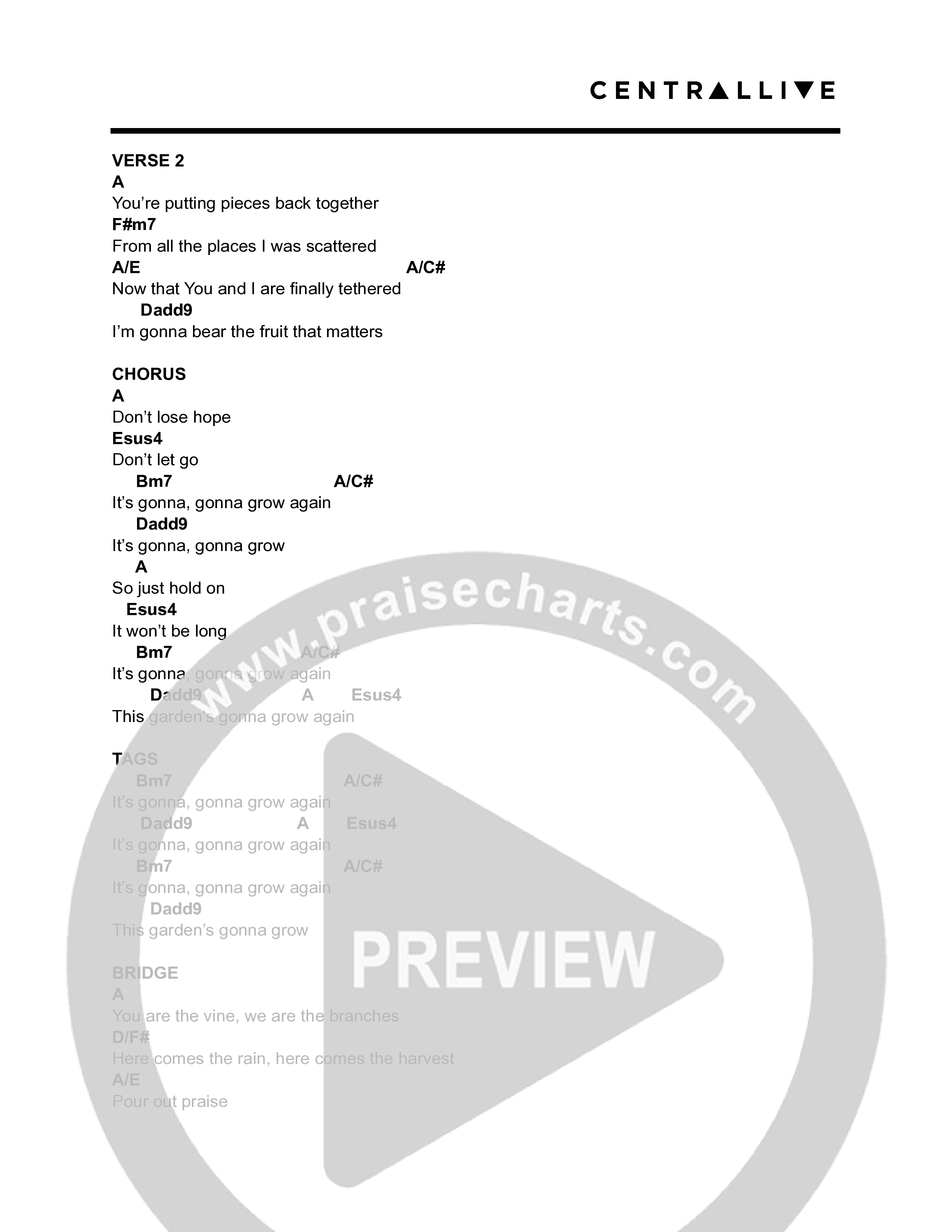 The Garden (Piano) Chord Chart (Central Live)