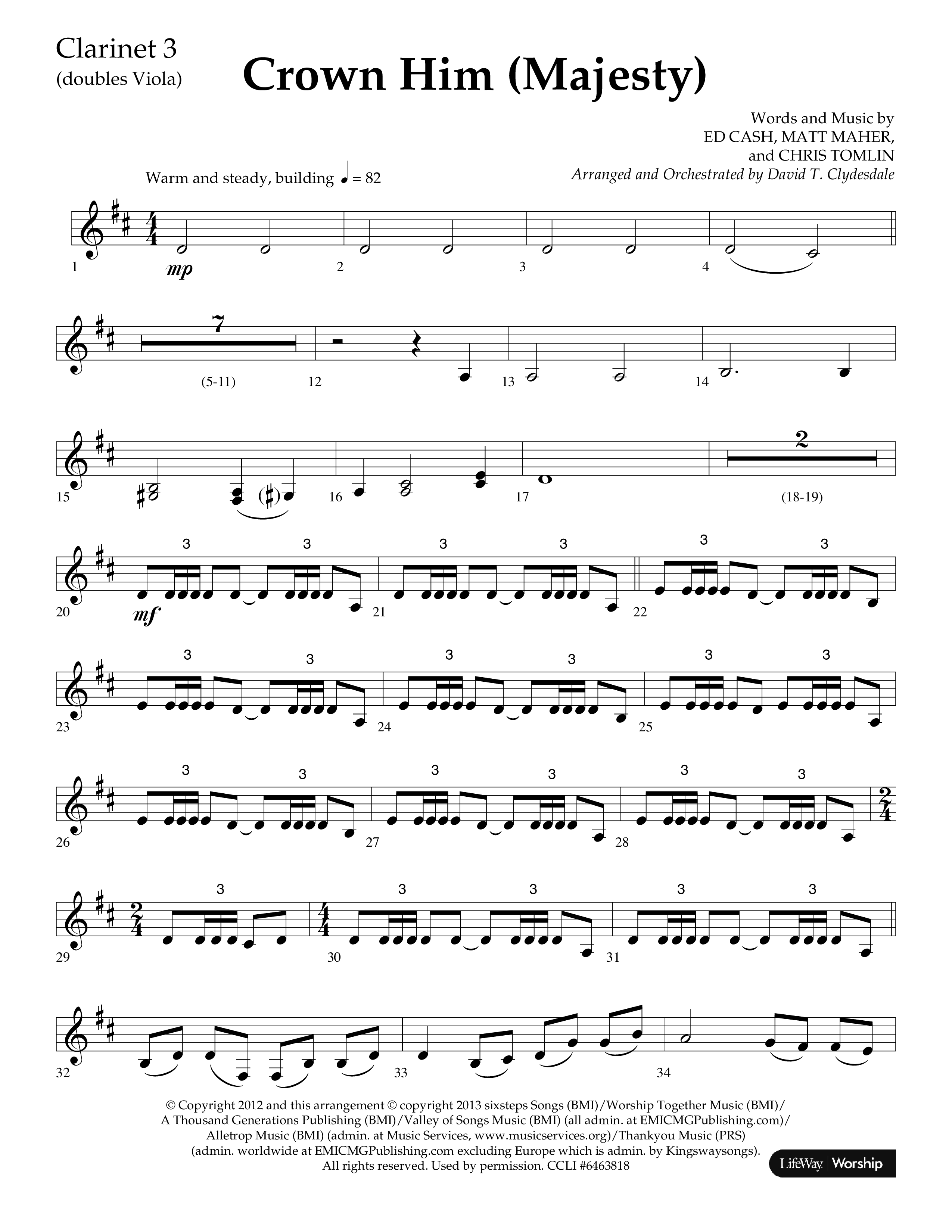 Crown Him (Majesty) (Choral Anthem SATB) Clarinet 3 (Lifeway Choral / Arr. David T. Clydesdale)