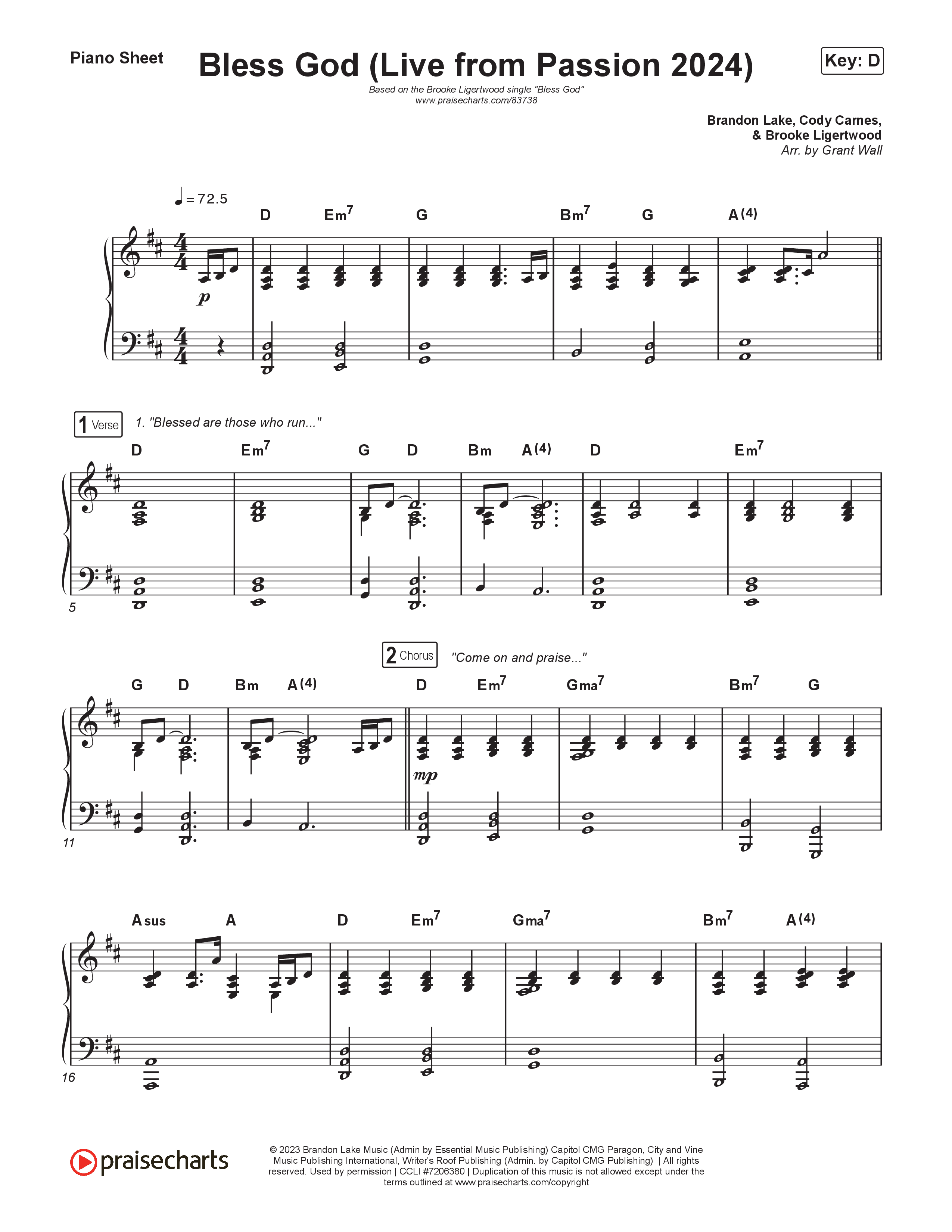 Bless God (Live From Passion 2024) Piano Sheet (Brooke Ligertwood)