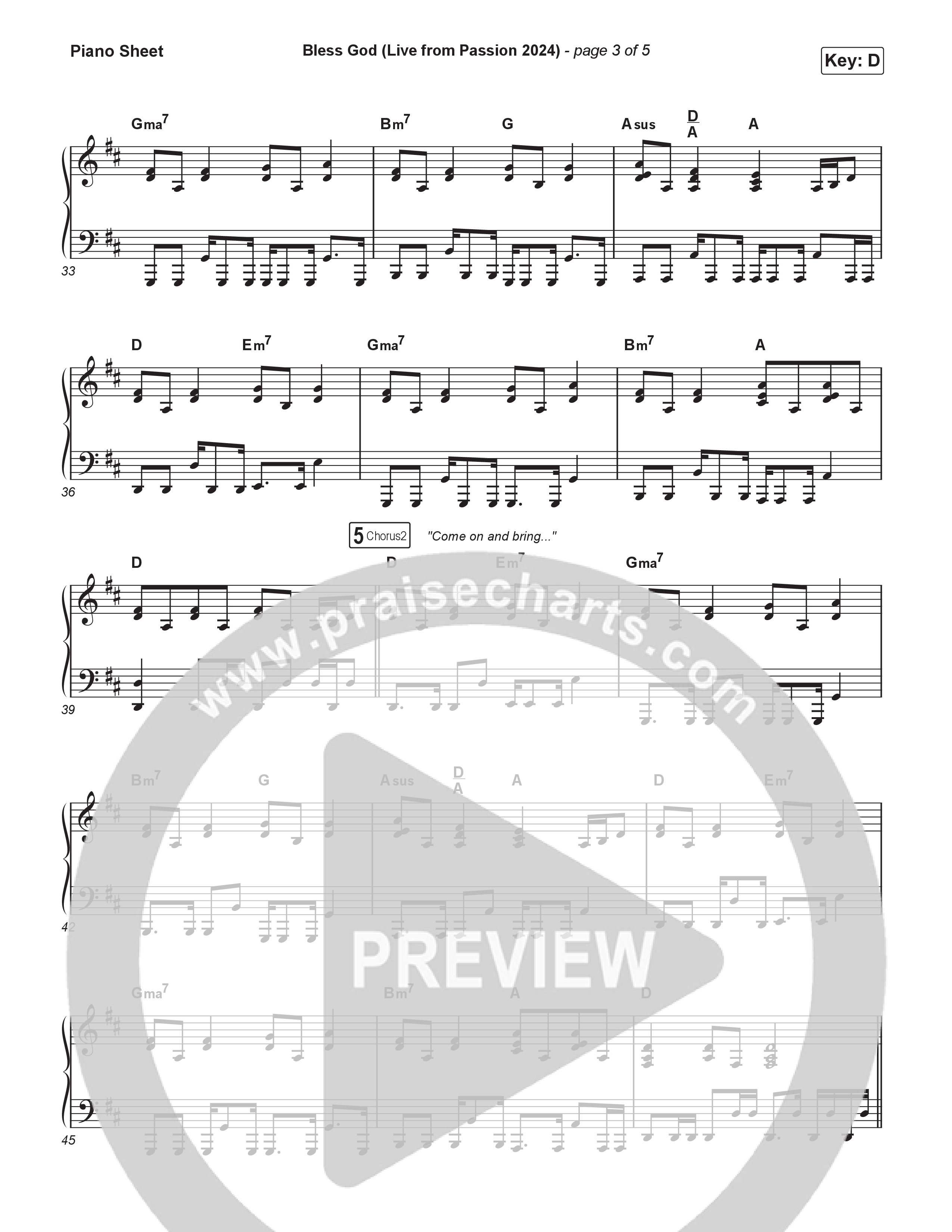 Bless God (Live From Passion 2024) Piano Sheet (Brooke Ligertwood)