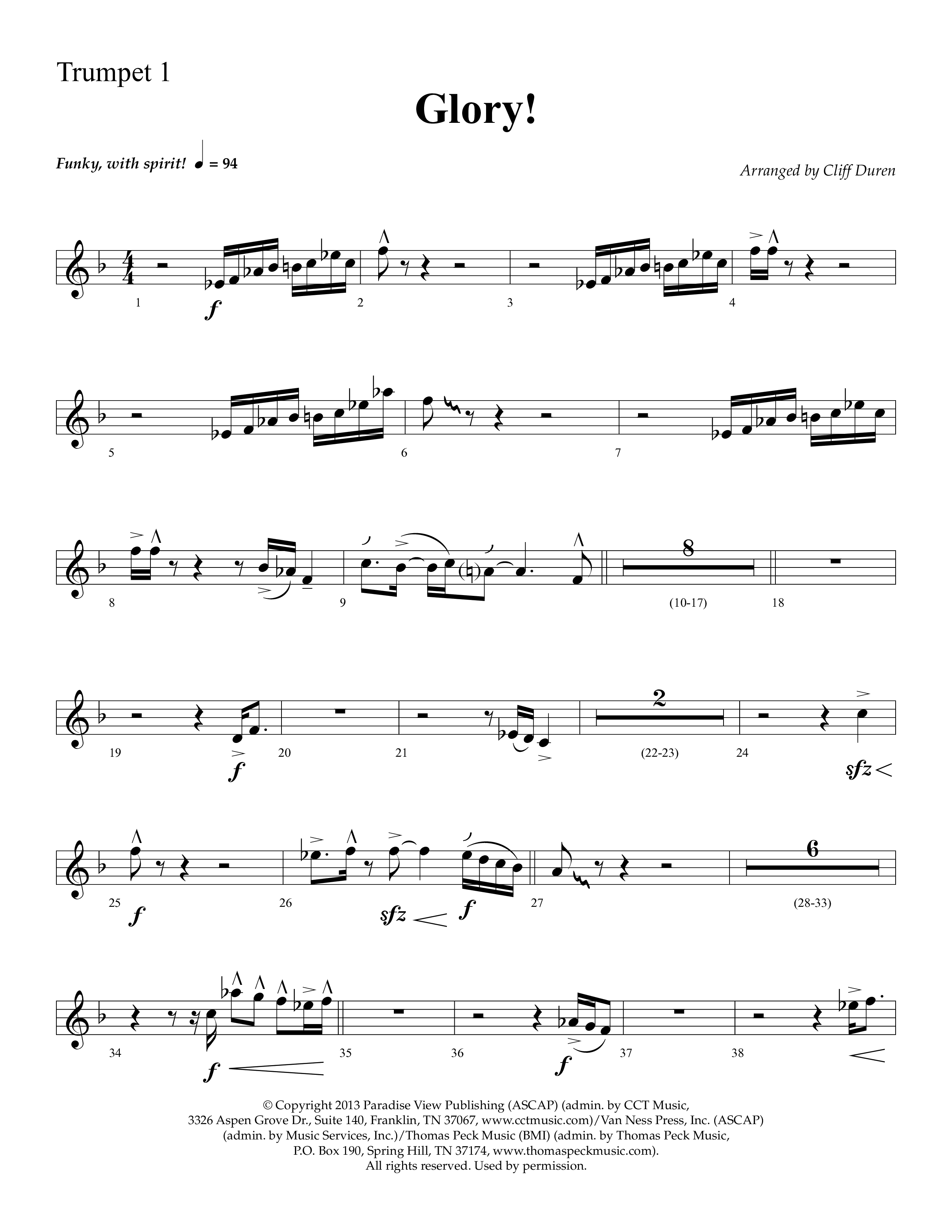 Glory (with Glory To His Name, Grace Greater Than Our SIn) (Choral Anthem SATB) Trumpet 1 (Lifeway Choral / Arr. Cliff Duren)