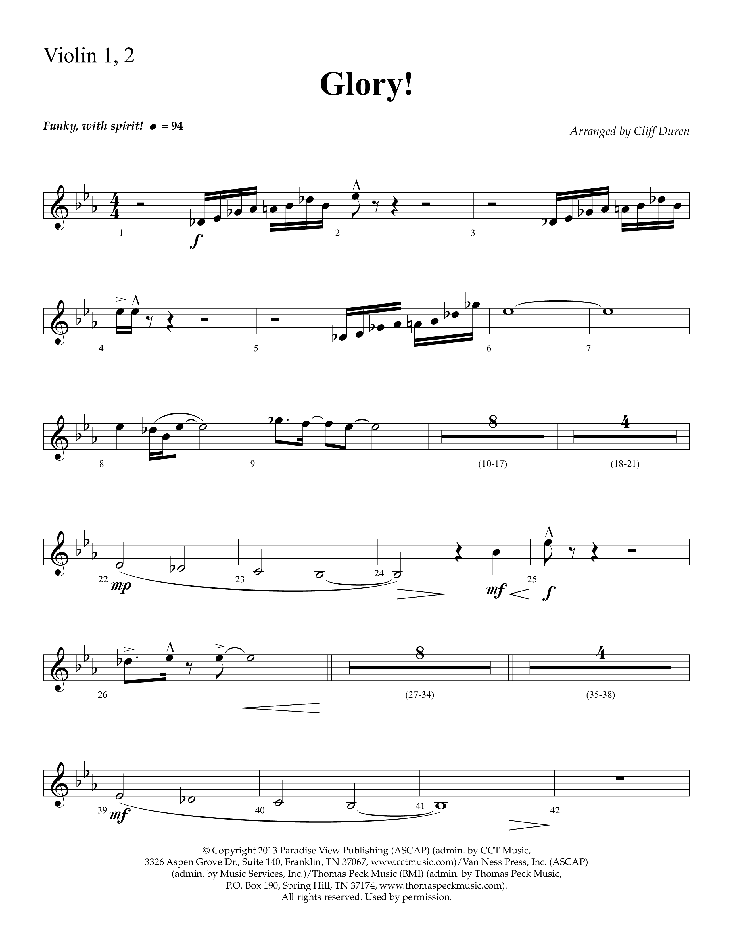 Glory (with Glory To His Name, Grace Greater Than Our SIn) (Choral Anthem SATB) Violin 1/2 (Lifeway Choral / Arr. Cliff Duren)