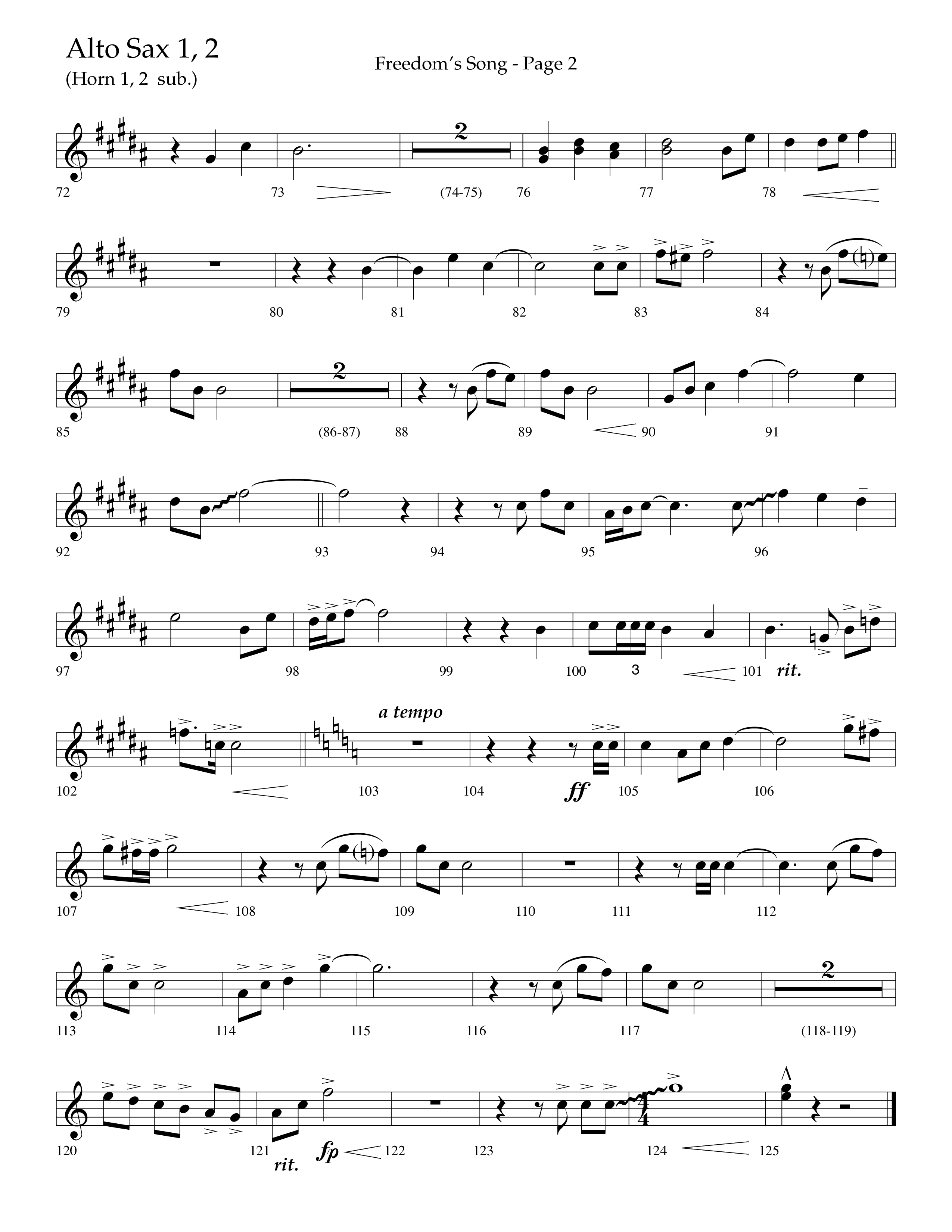 Freedoms Song (with My Country 'Tis Of Thee, America The Beautiful) (Choral Anthem SATB) Alto Sax 1/2 (Lifeway Choral / Arr. Camp Kirkland)