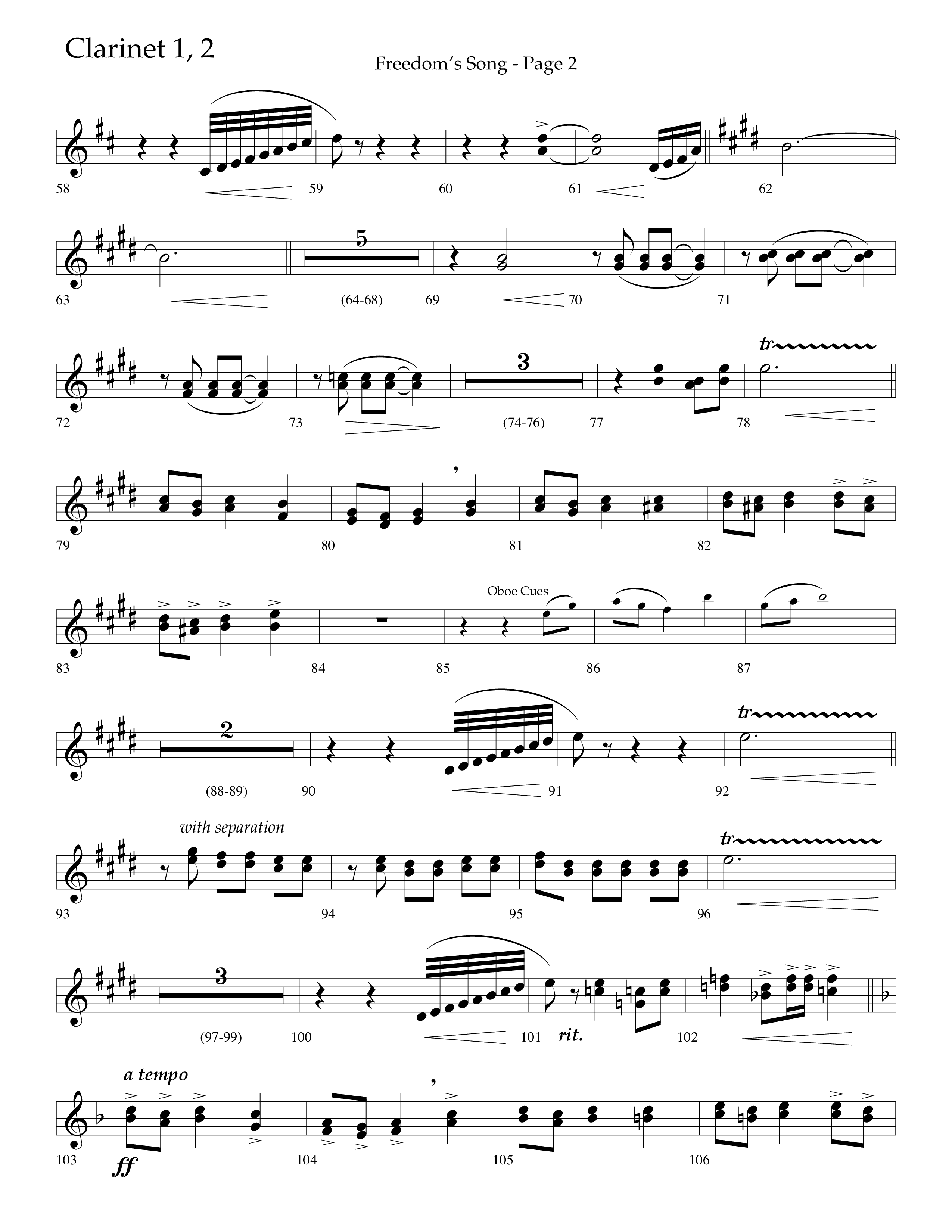 Freedoms Song (with My Country 'Tis Of Thee, America The Beautiful) (Choral Anthem SATB) Clarinet 1/2 (Lifeway Choral / Arr. Camp Kirkland)