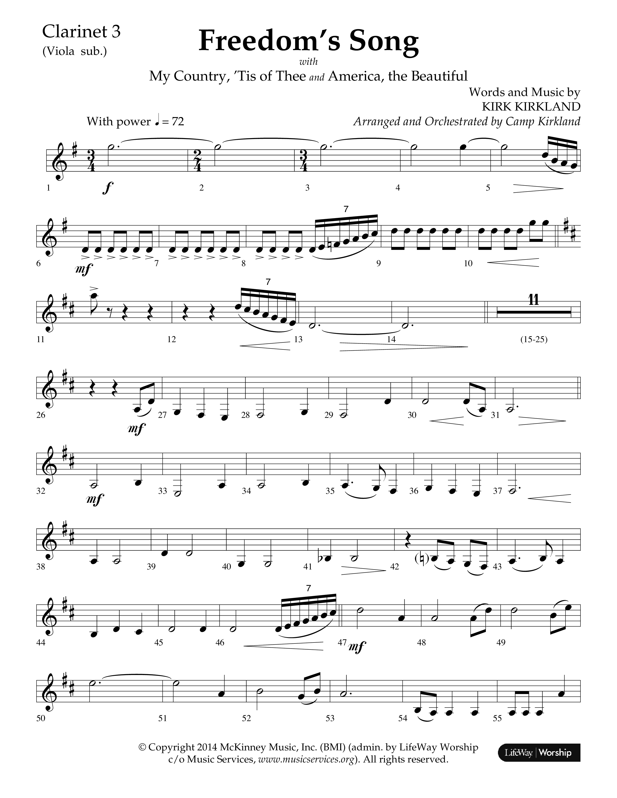 Freedoms Song (with My Country 'Tis Of Thee, America The Beautiful) (Choral Anthem SATB) Clarinet 3 (Lifeway Choral / Arr. Camp Kirkland)
