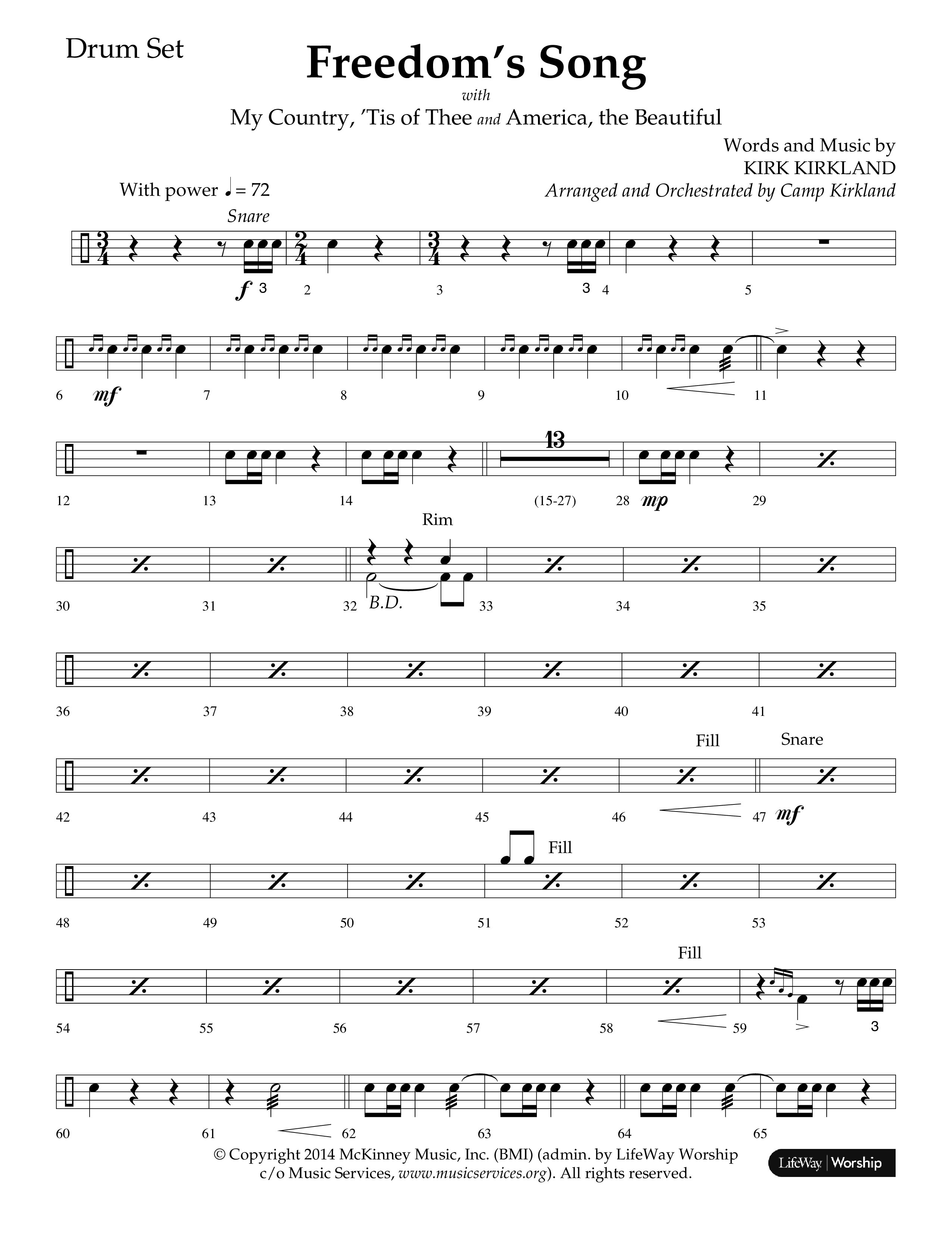 Freedoms Song (with My Country 'Tis Of Thee, America The Beautiful) (Choral Anthem SATB) Drum Set (Lifeway Choral / Arr. Camp Kirkland)