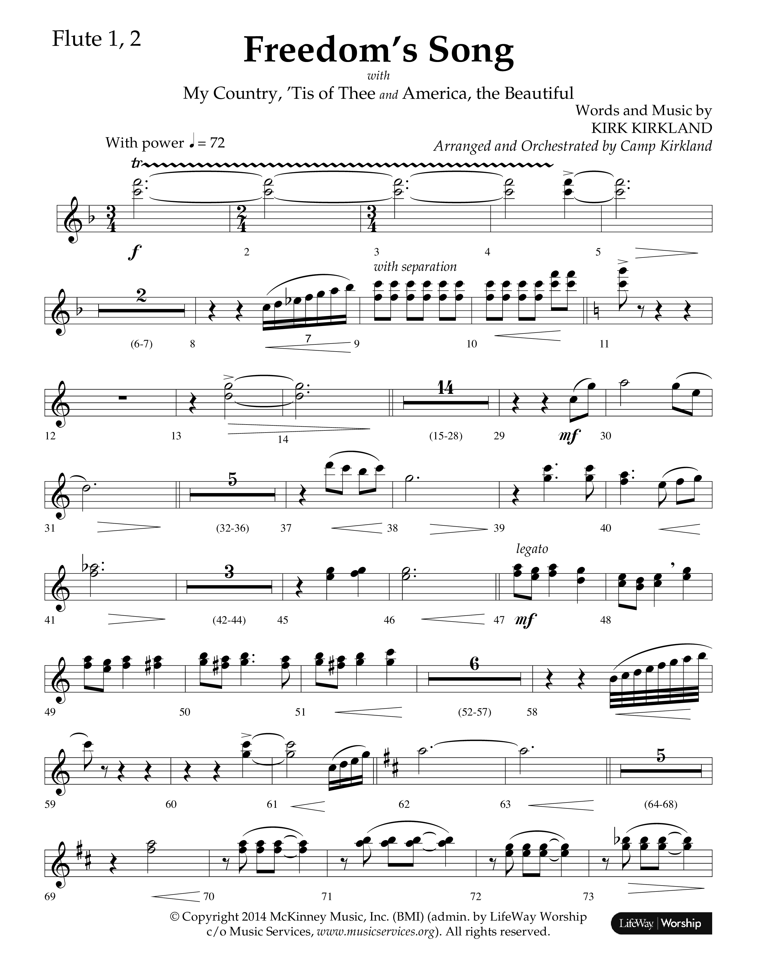 Freedoms Song (with My Country 'Tis Of Thee, America The Beautiful) (Choral Anthem SATB) Flute 1/2 (Lifeway Choral / Arr. Camp Kirkland)