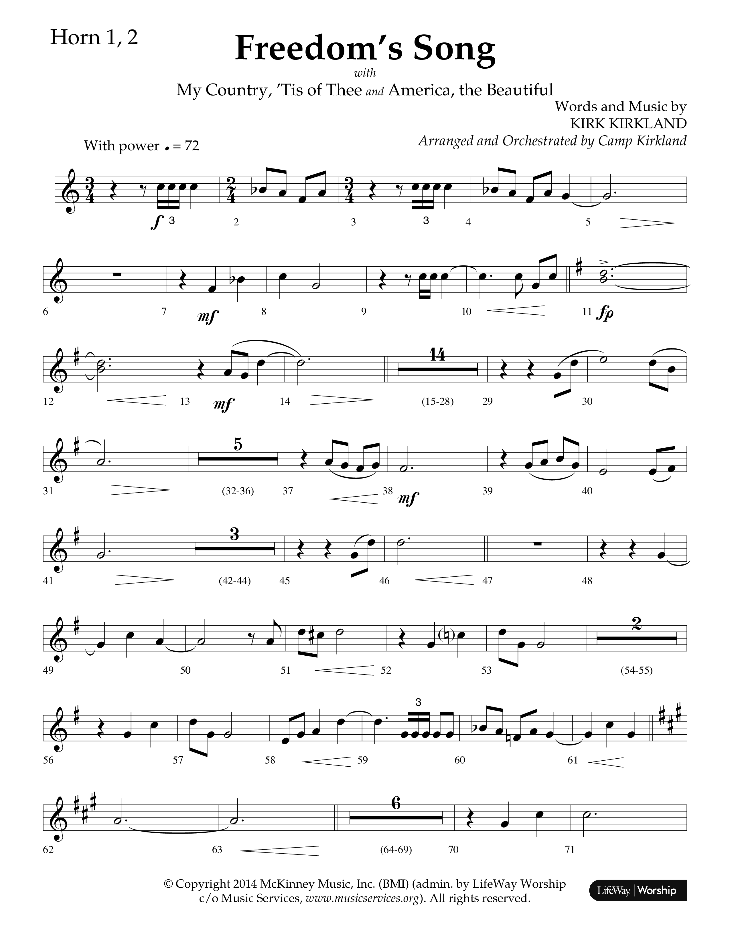 Freedoms Song (with My Country 'Tis Of Thee, America The Beautiful) (Choral Anthem SATB) French Horn 1/2 (Lifeway Choral / Arr. Camp Kirkland)