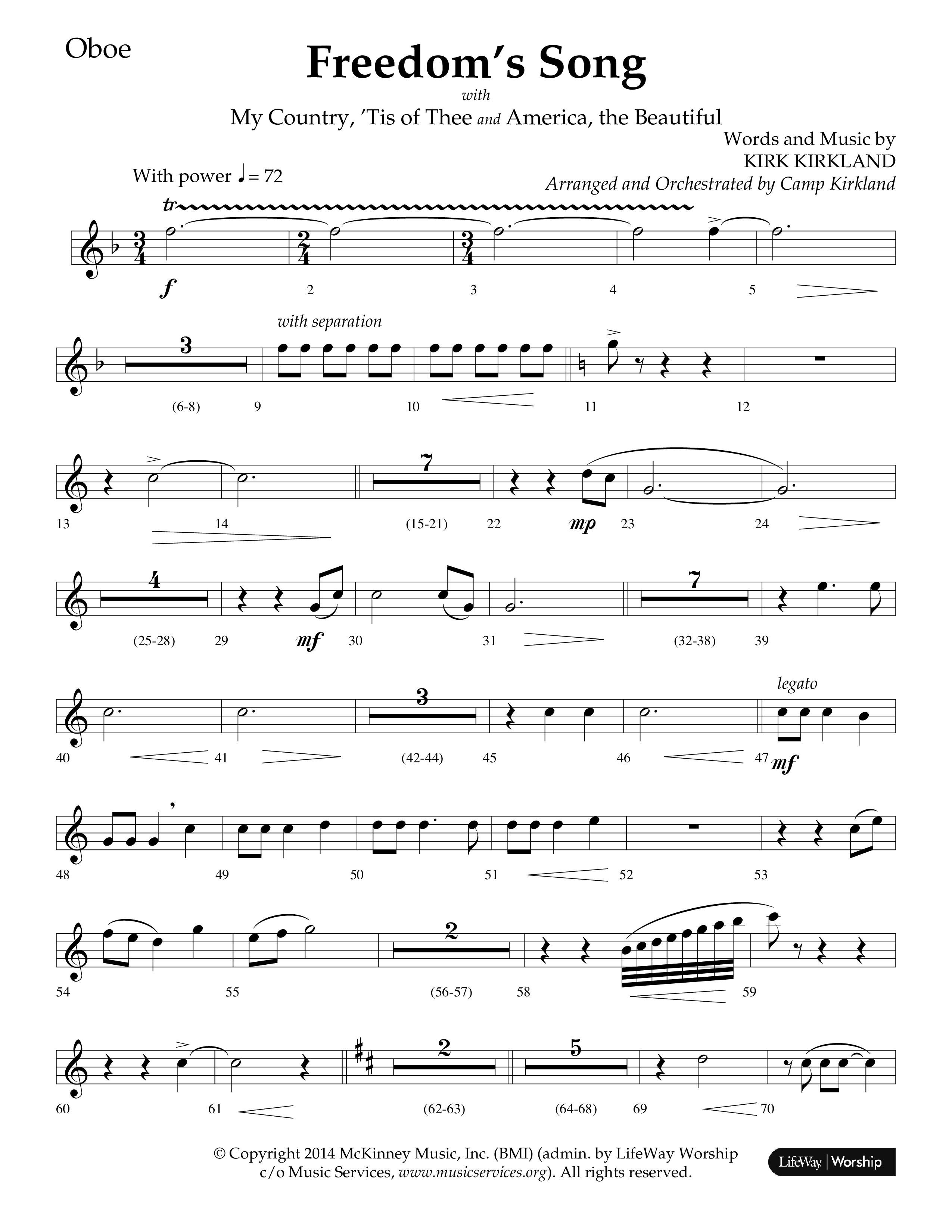 Freedoms Song (with My Country 'Tis Of Thee, America The Beautiful) (Choral Anthem SATB) Oboe (Lifeway Choral / Arr. Camp Kirkland)