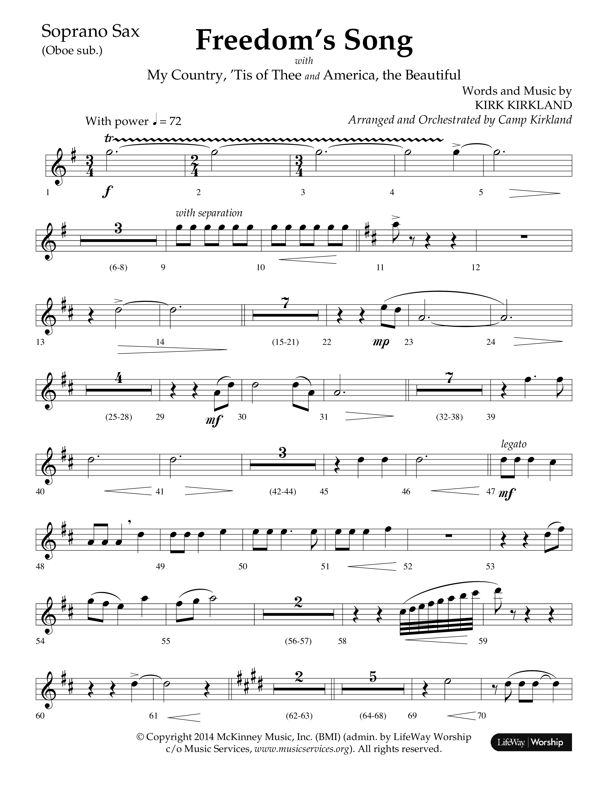 Freedoms Song (with My Country 'Tis Of Thee, America The Beautiful) (Choral Anthem SATB) Soprano Sax (Lifeway Choral / Arr. Camp Kirkland)