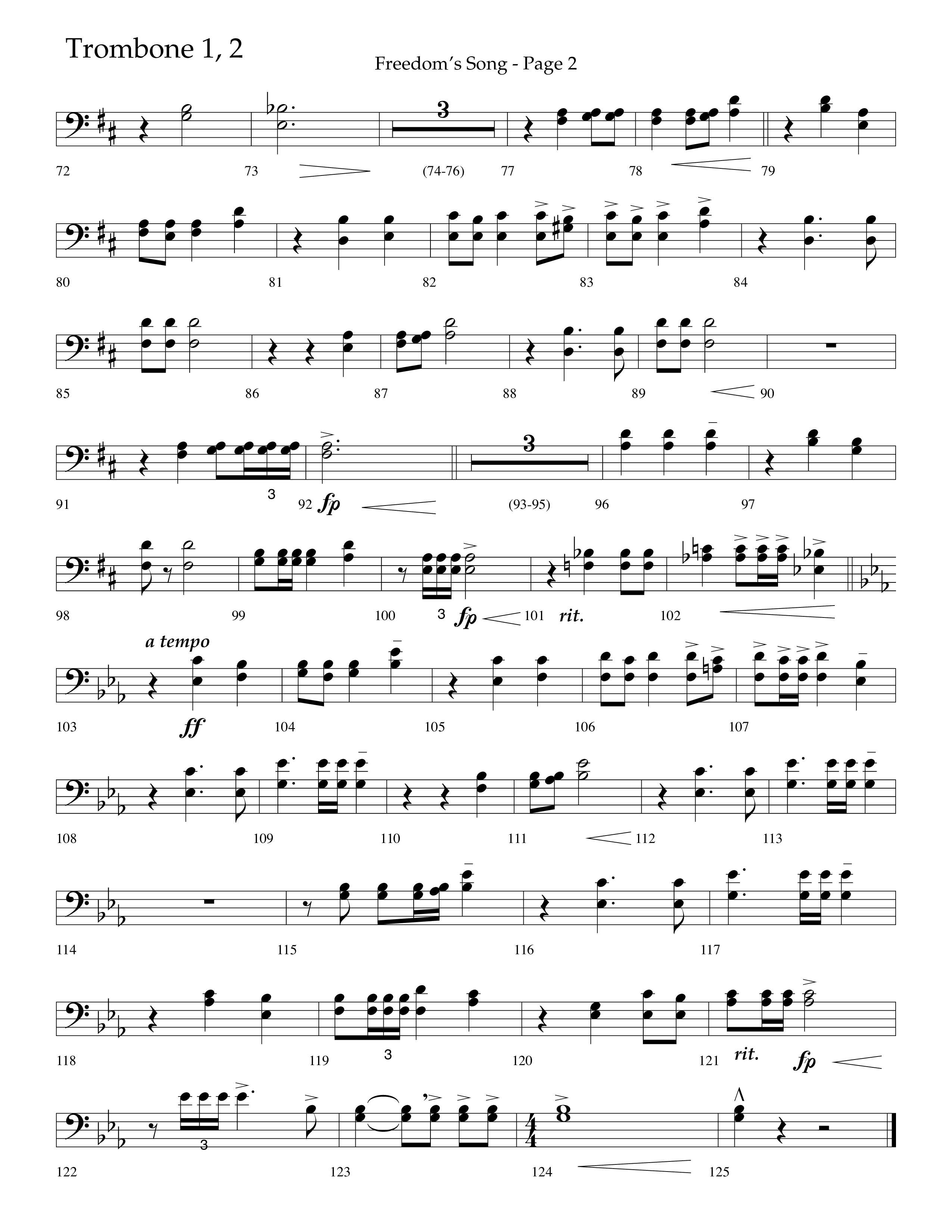 Freedoms Song (with My Country 'Tis Of Thee, America The Beautiful) (Choral Anthem SATB) Trombone 1/2 (Lifeway Choral / Arr. Camp Kirkland)