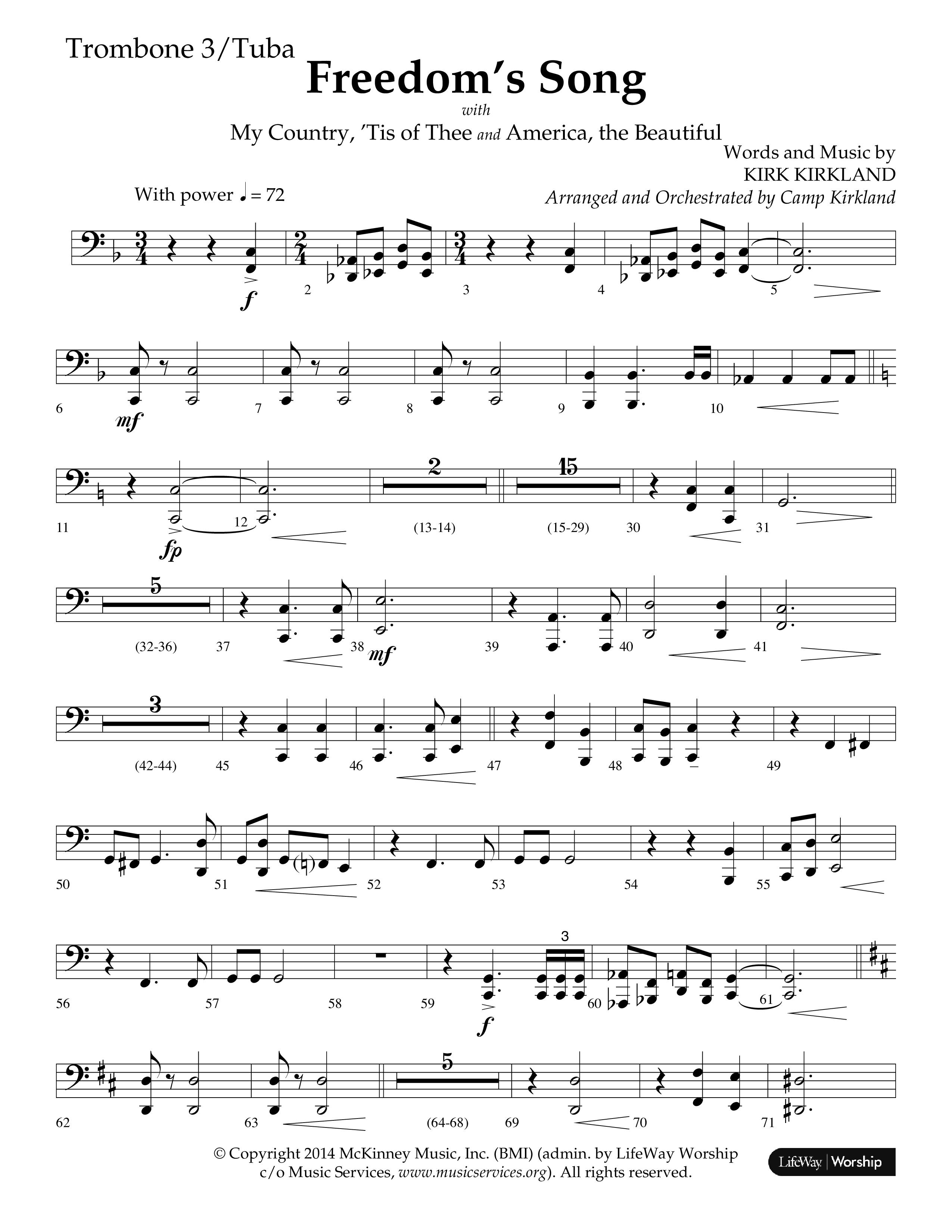 Freedoms Song (with My Country 'Tis Of Thee, America The Beautiful) (Choral Anthem SATB) Trombone 3/Tuba (Lifeway Choral / Arr. Camp Kirkland)
