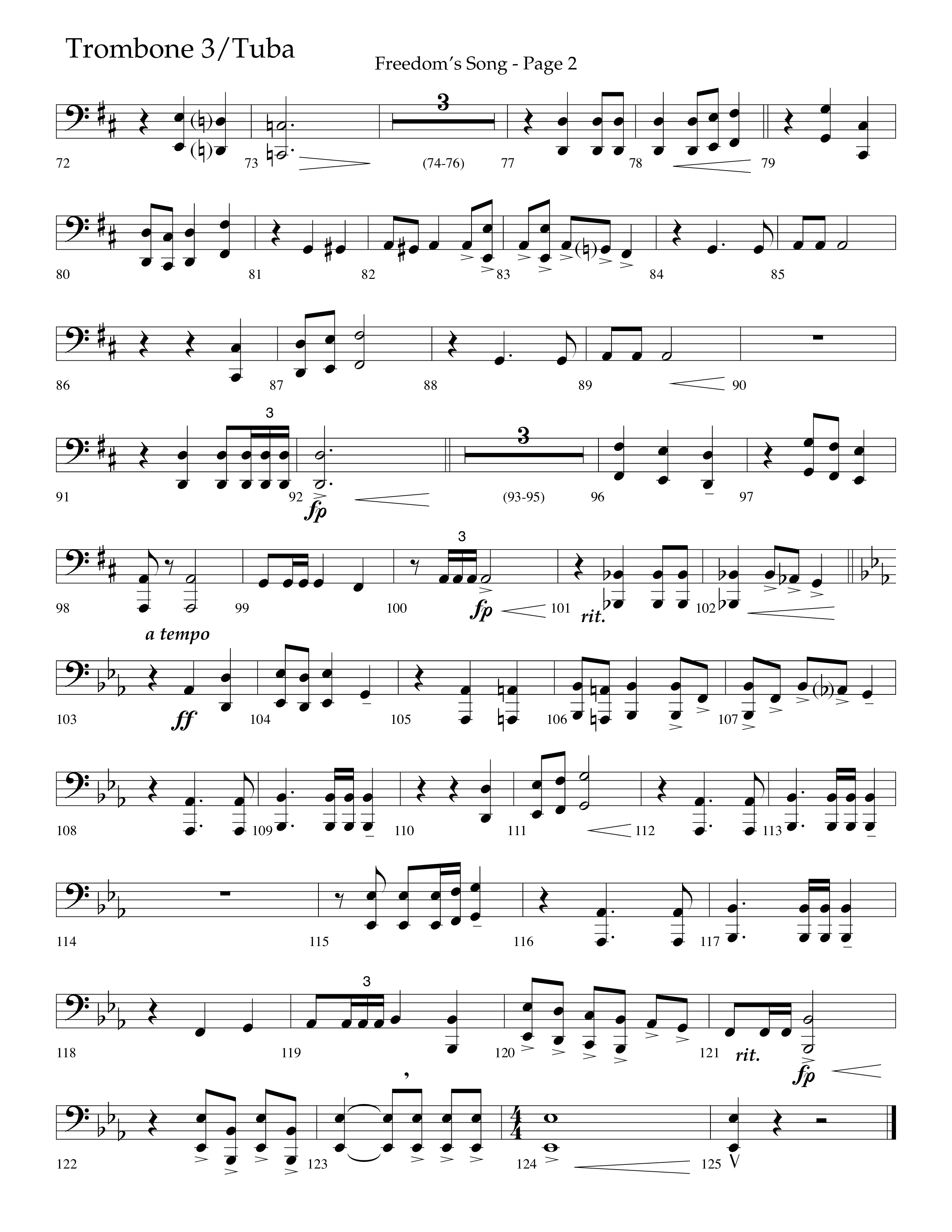 Freedoms Song (with My Country 'Tis Of Thee, America The Beautiful) (Choral Anthem SATB) Trombone 3/Tuba (Lifeway Choral / Arr. Camp Kirkland)