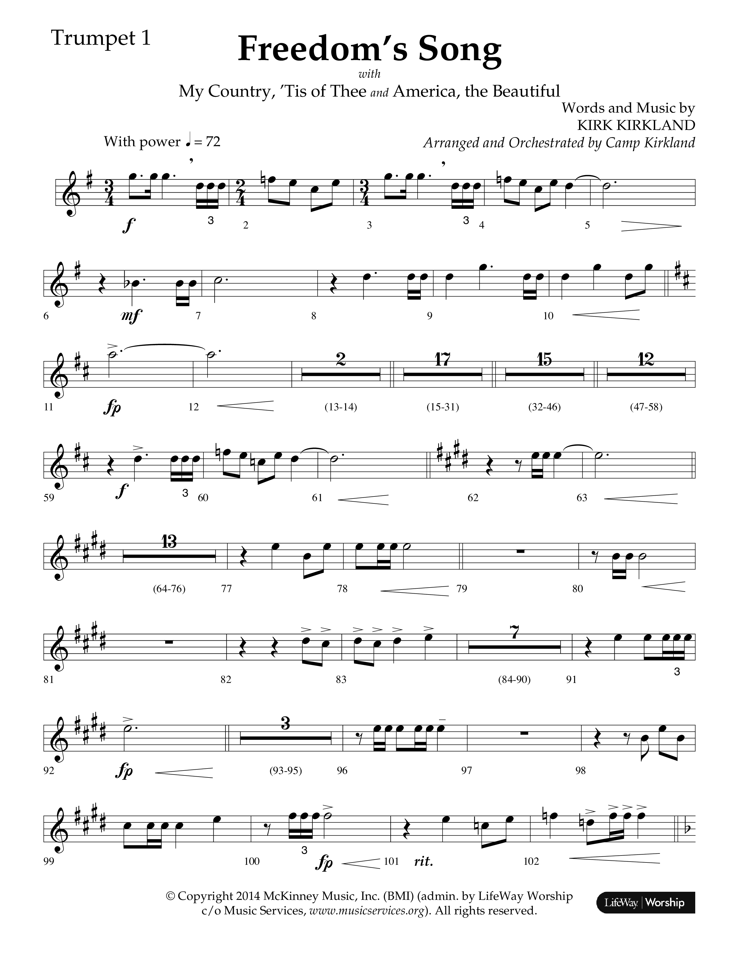 Freedoms Song (with My Country 'Tis Of Thee, America The Beautiful) (Choral Anthem SATB) Trumpet 1 (Lifeway Choral / Arr. Camp Kirkland)