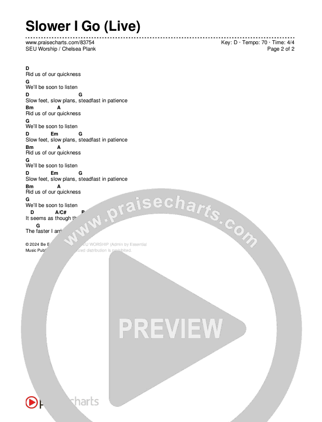 Slower I Go (Live) Chords & Lyrics (SEU Worship / Chelsea Plank)