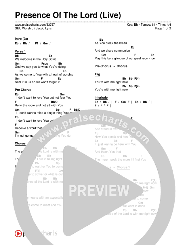 Presence Of The Lord (Live) Chords & Lyrics (SEU Worship / Jacob Lynch)