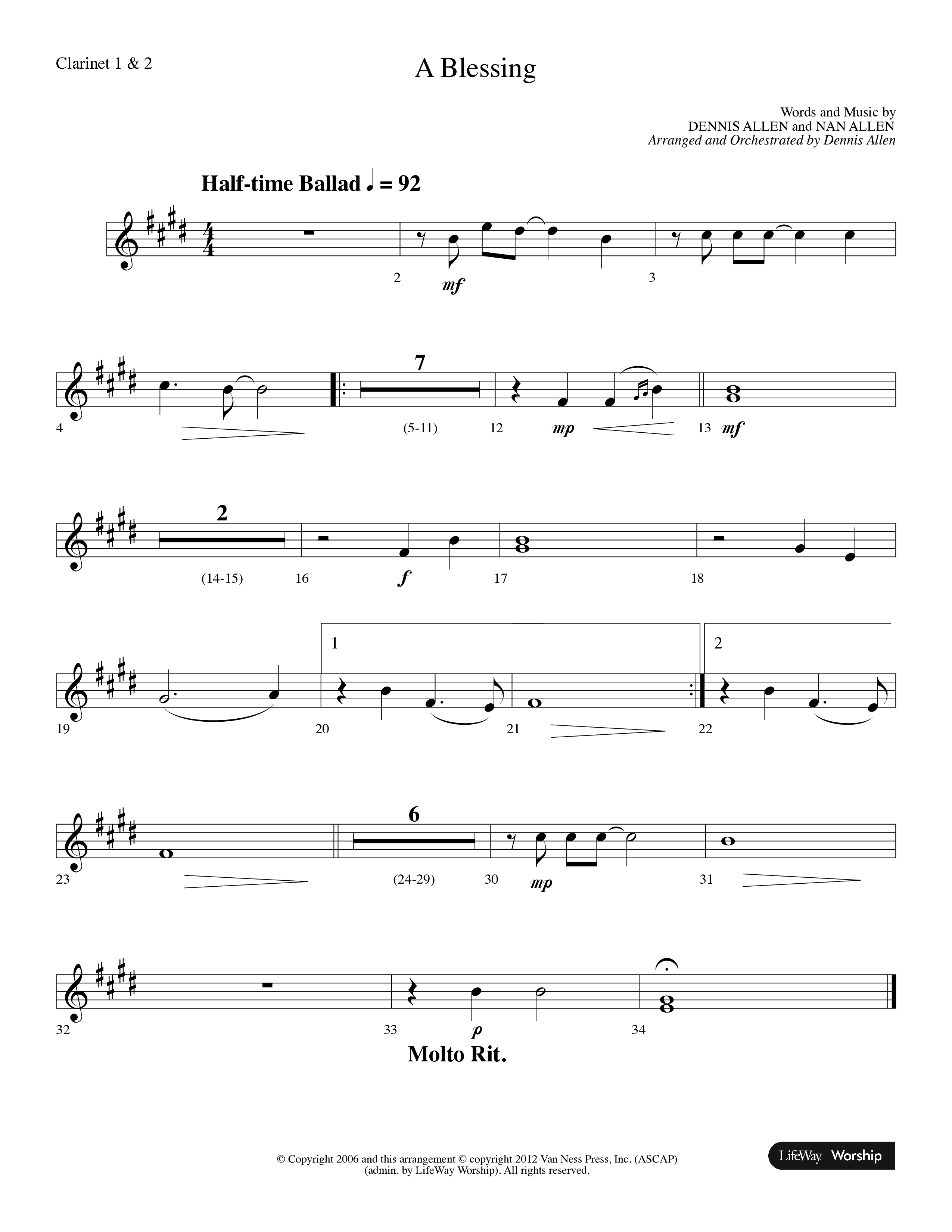 A Blessing (Choral Anthem SATB) Clarinet 1/2 (Lifeway Choral / Arr. Dennis Allen)