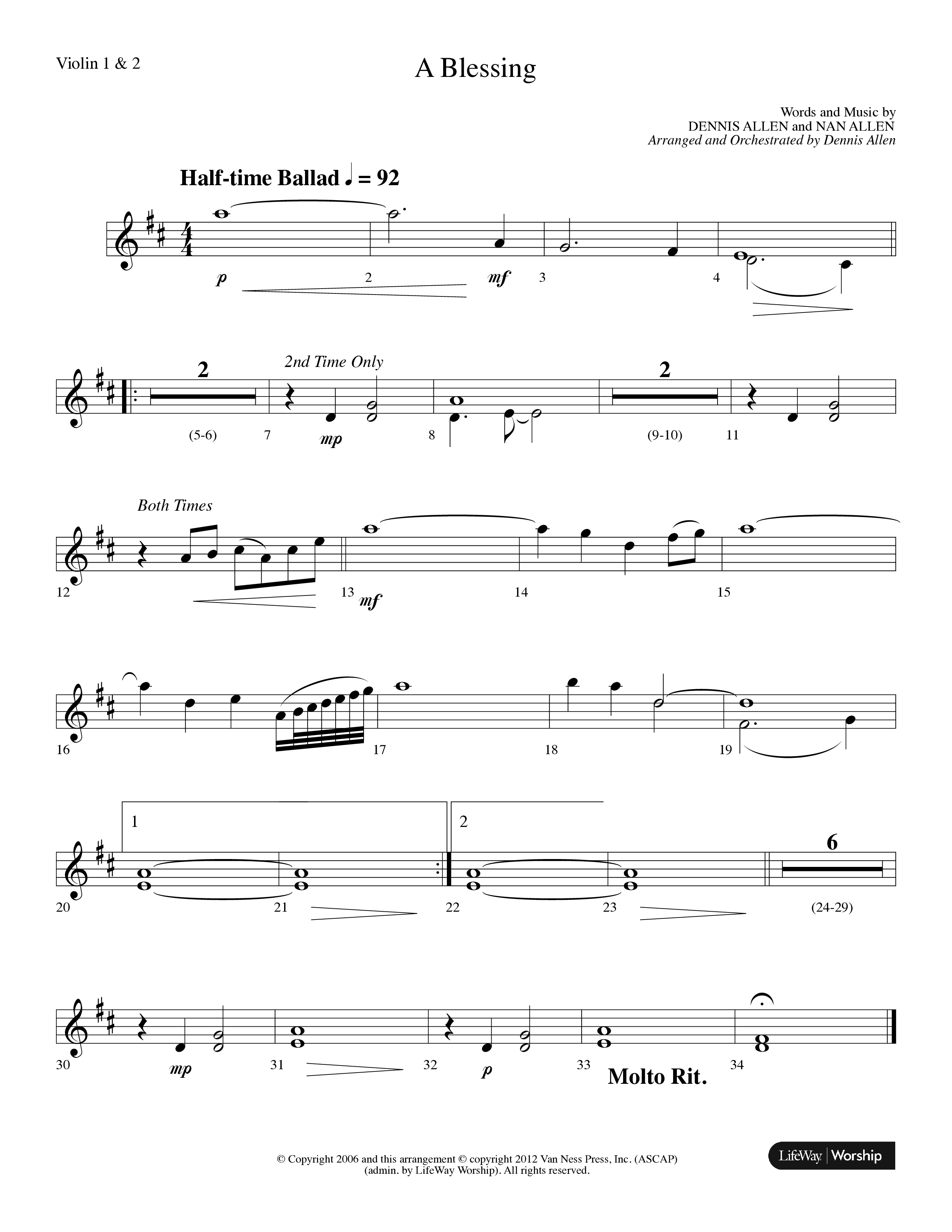 A Blessing (Choral Anthem SATB) Violin 1/2 (Lifeway Choral / Arr. Dennis Allen)