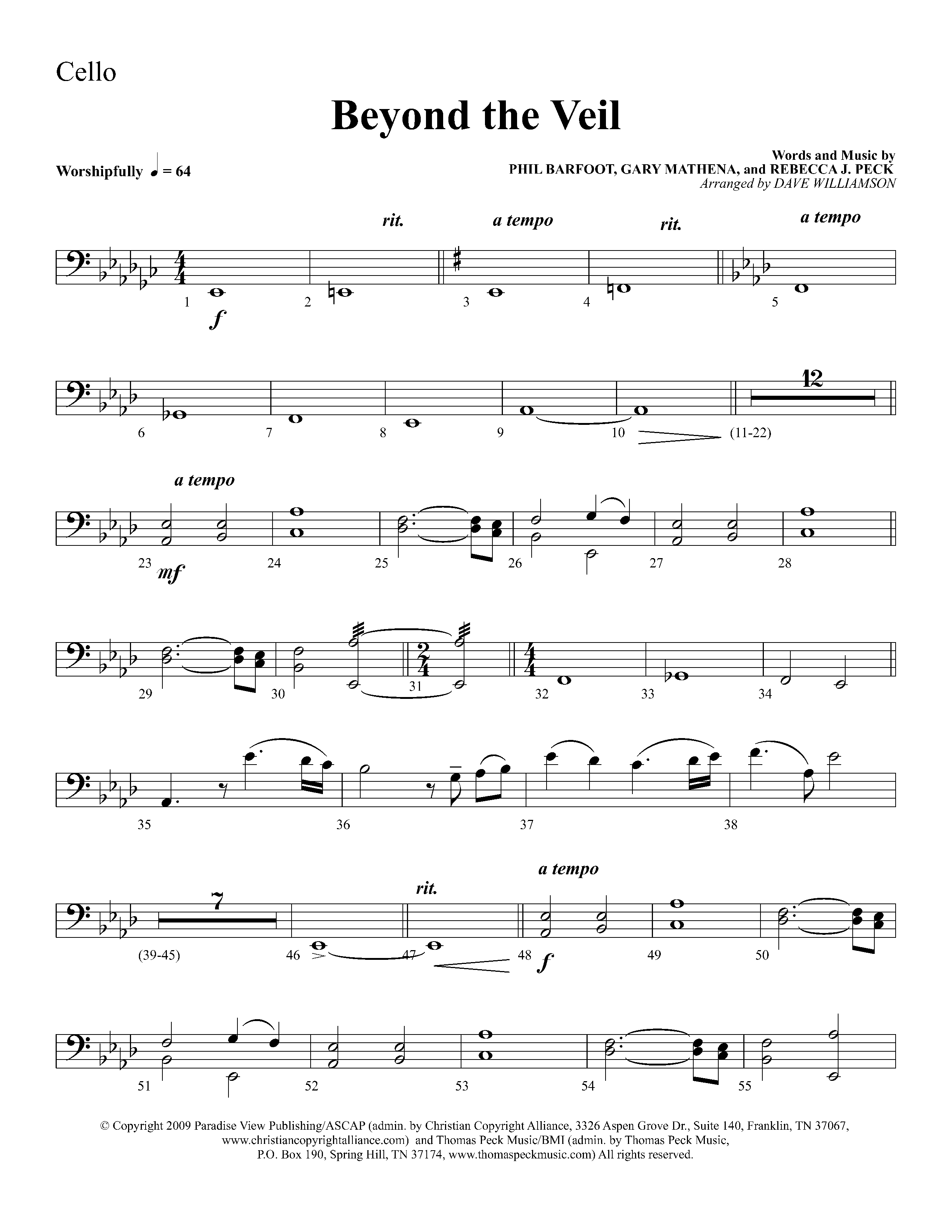 Beyond The Veil (Choral Anthem SATB) Cello (Lifeway Choral / Arr. Dave Williamson)