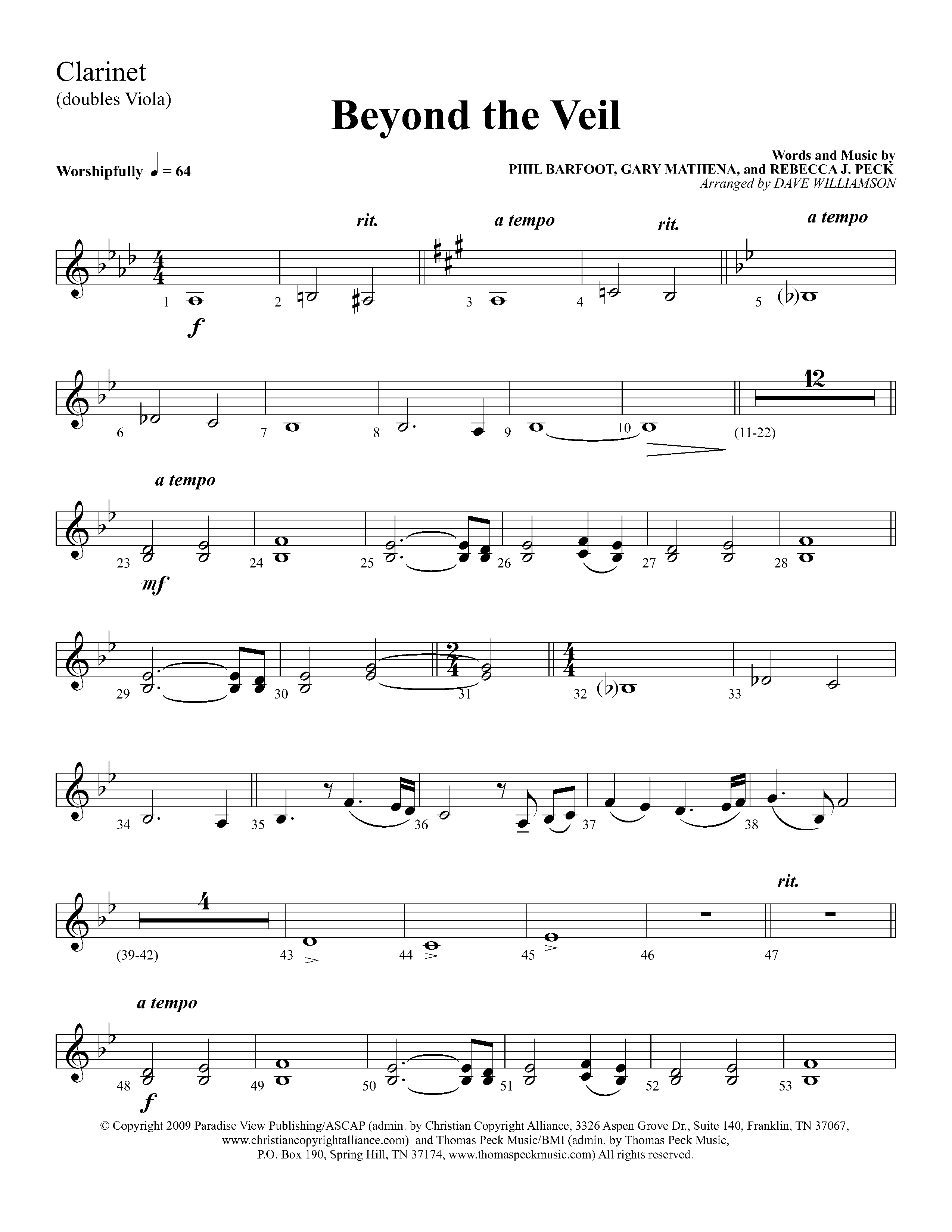 Beyond The Veil (Choral Anthem SATB) Clarinet (Lifeway Choral / Arr. Dave Williamson)