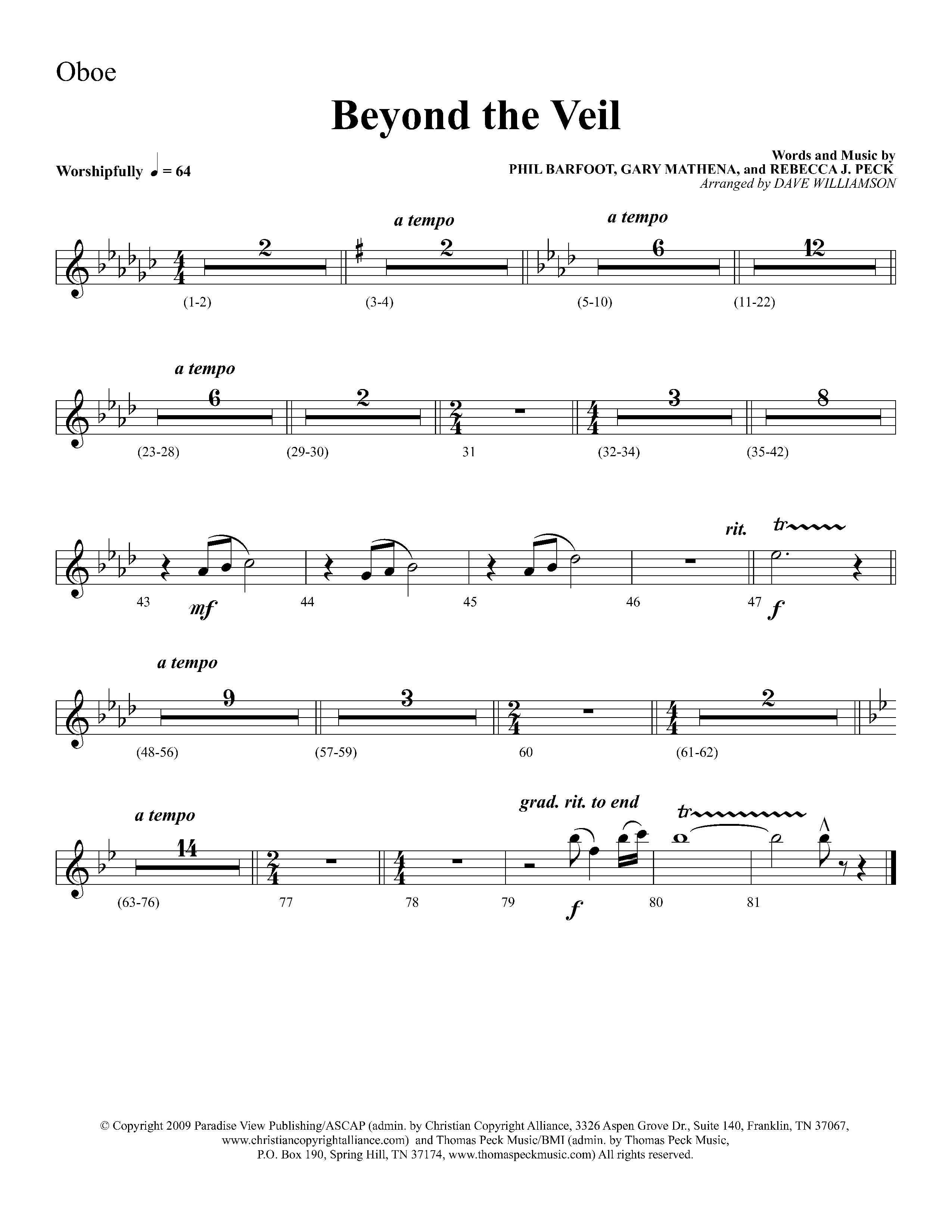 Beyond The Veil (Choral Anthem SATB) Oboe (Lifeway Choral / Arr. Dave Williamson)
