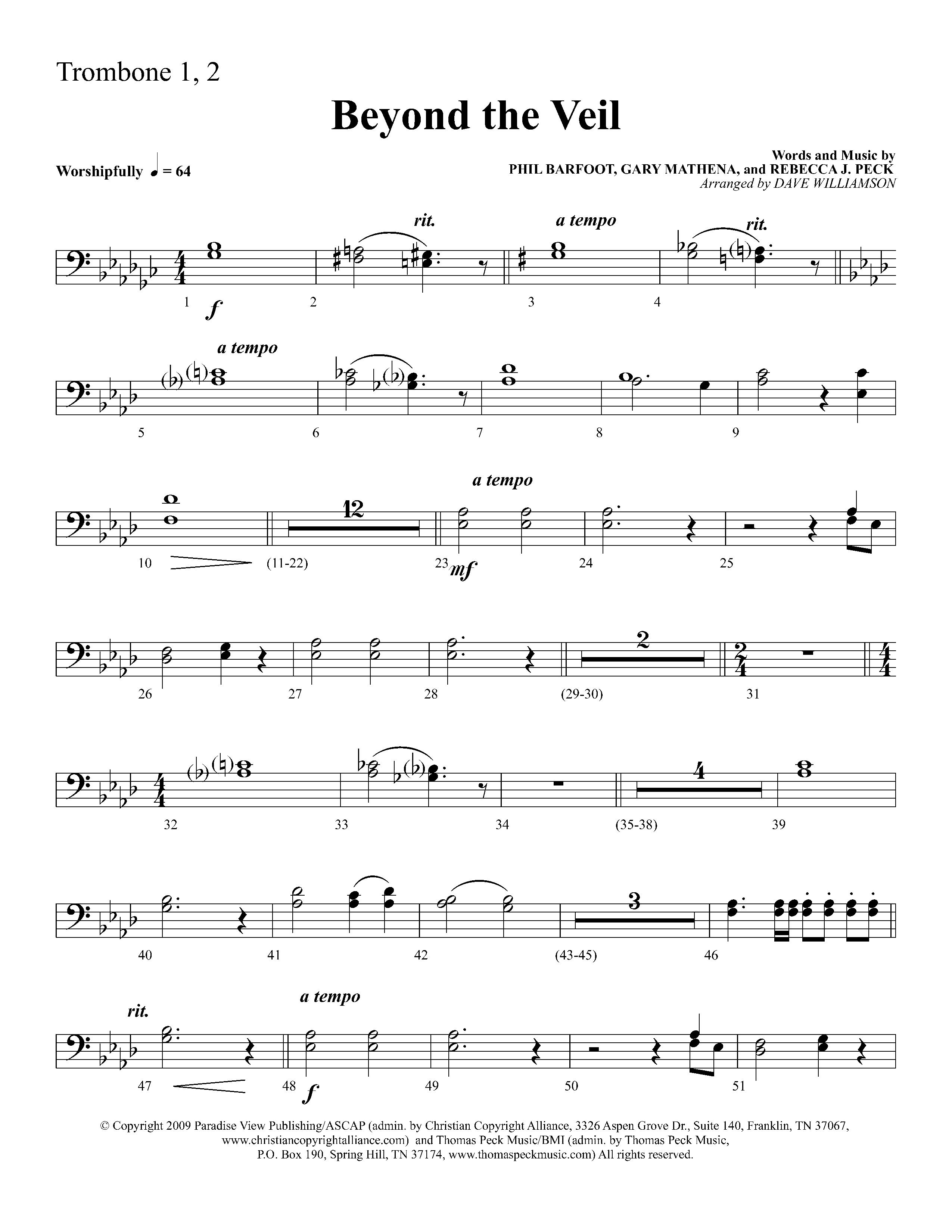 Beyond The Veil (Choral Anthem SATB) Trombone 1/2 (Lifeway Choral / Arr. Dave Williamson)