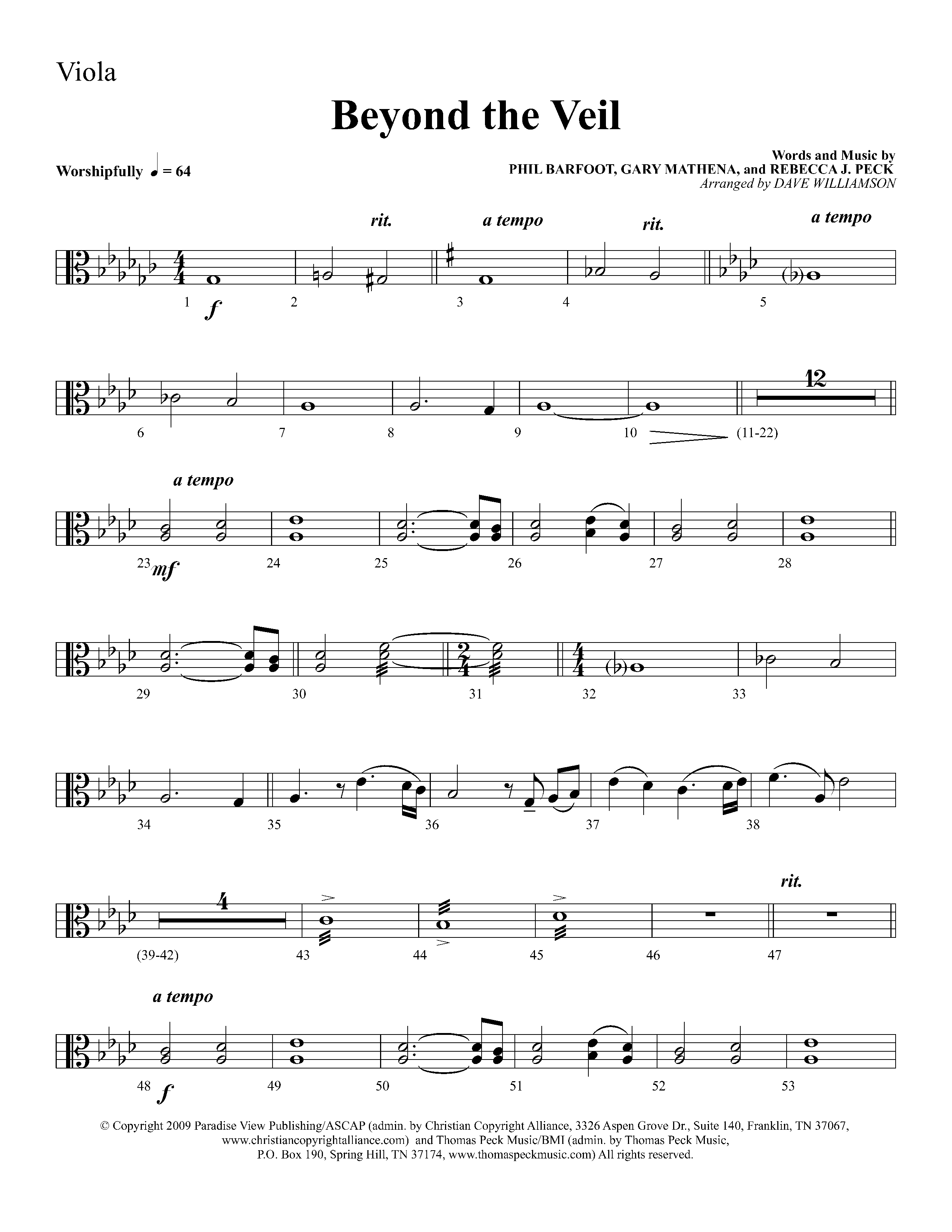 Beyond The Veil (Choral Anthem SATB) Viola (Lifeway Choral / Arr. Dave Williamson)
