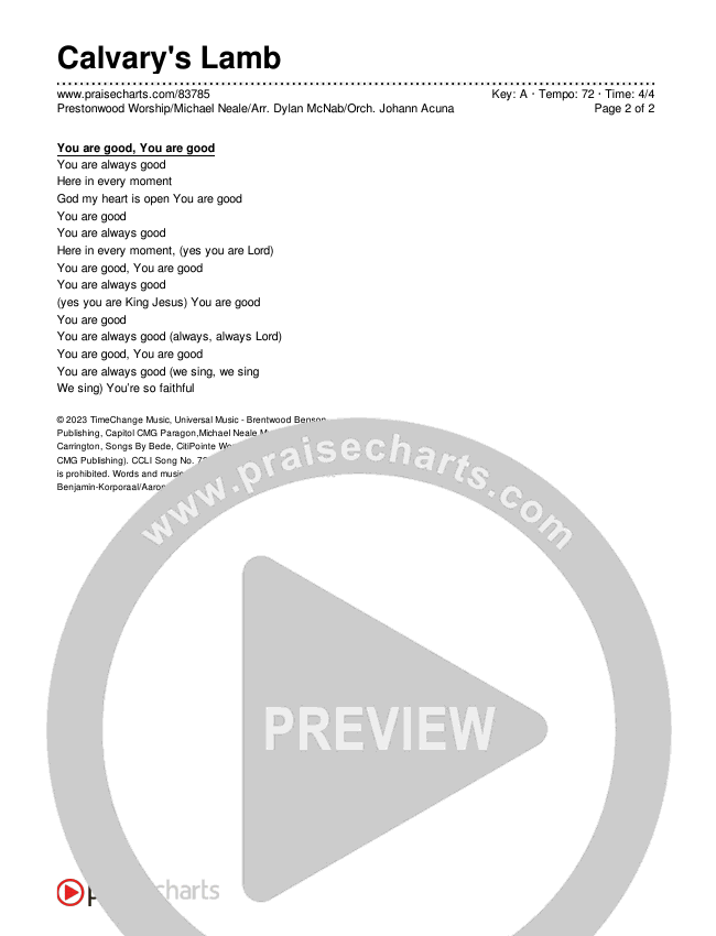 Calvary's Lamb Chord Chart (Prestonwood Worship / Michael Neale / Arr. Dylan McNab / Orch. Johann Acuna)