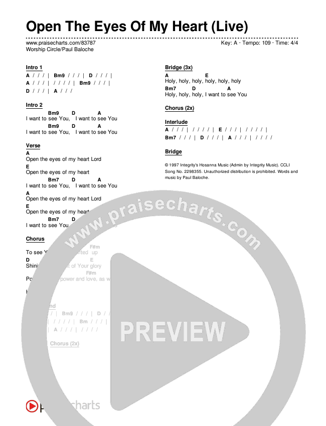 Open The Eyes Of My Heart (Live) Chord Chart (Worship Circle / Paul Baloche)