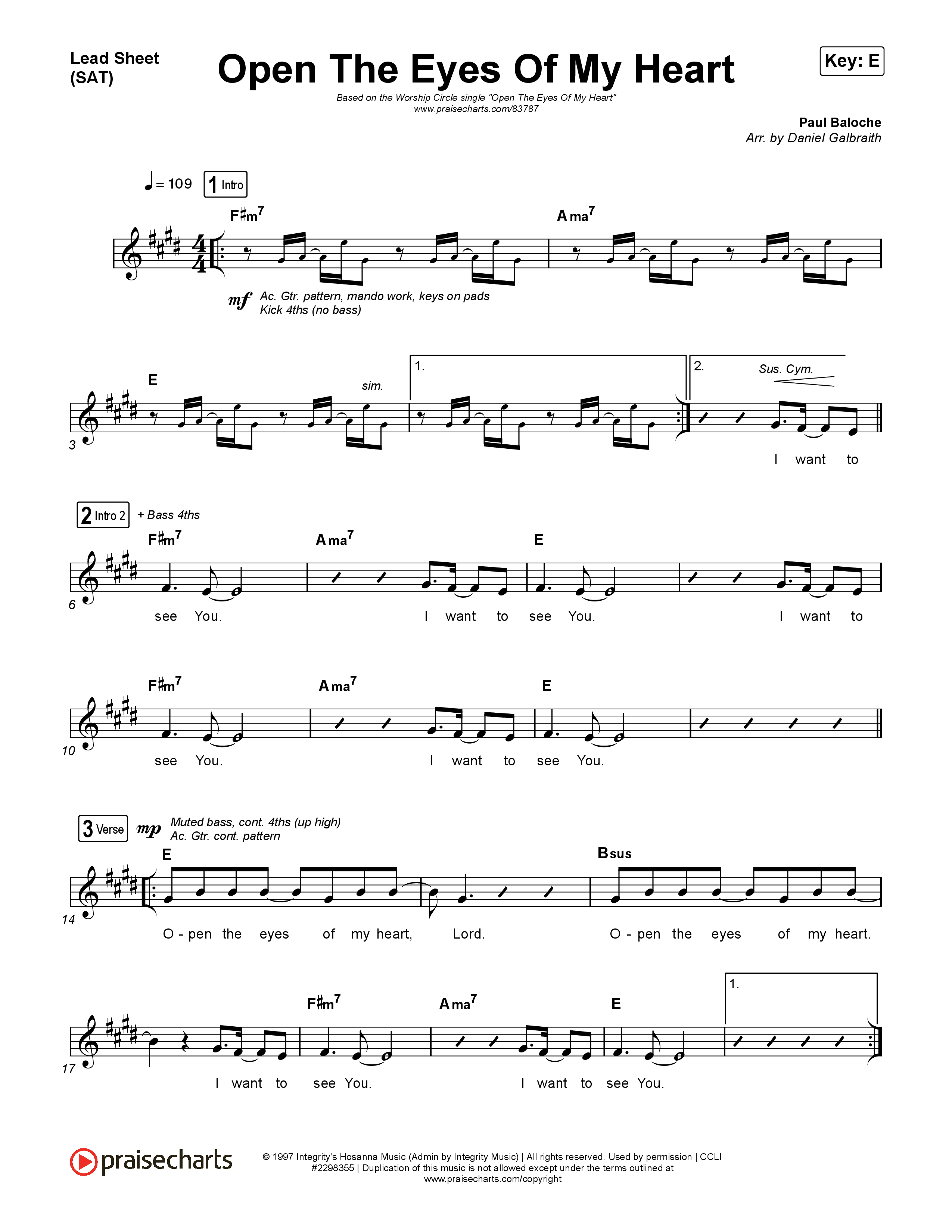 Open The Eyes Of My Heart (Live) Lead Sheet (SAT) (Worship Circle / Paul Baloche)