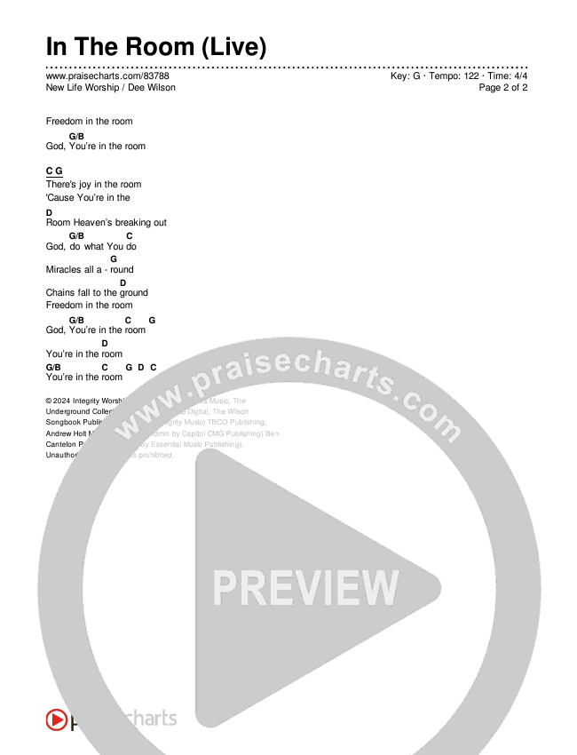 In The Room (Live) Chord Chart (New Life Worship / Dee Wilson)