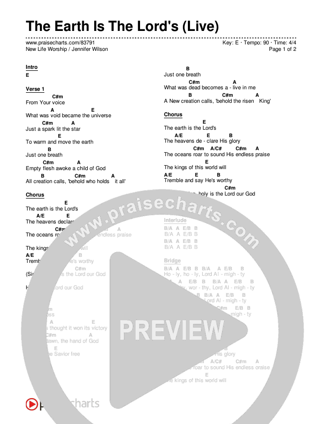 The Earth Is The Lord's (Live) Chord Chart (New Life Worship / Jennifer Wilson)