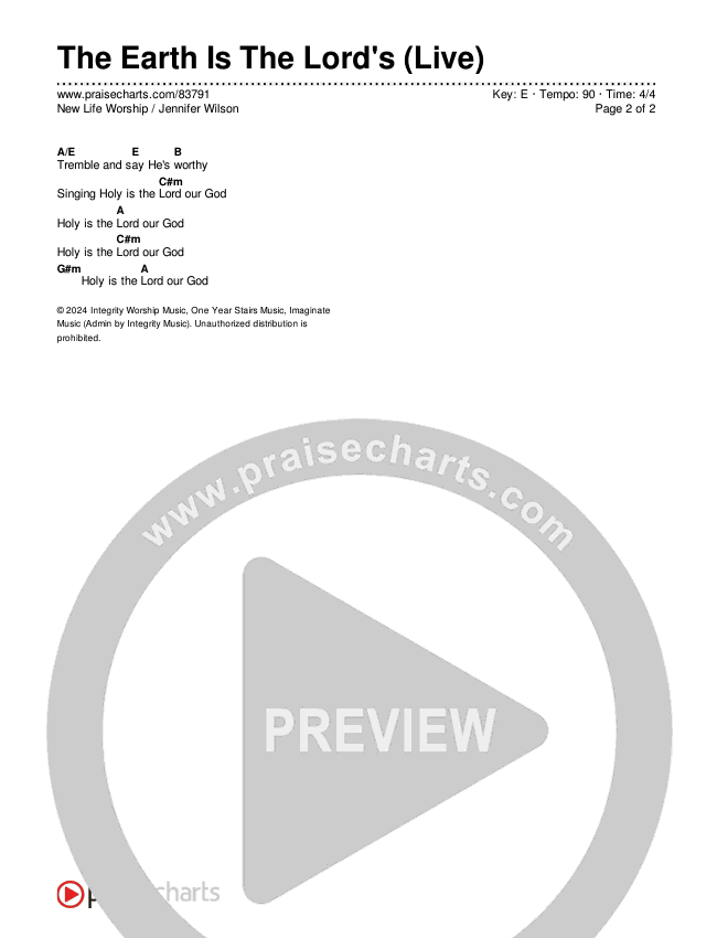 The Earth Is The Lord's (Live) Chord Chart (New Life Worship / Jennifer Wilson)