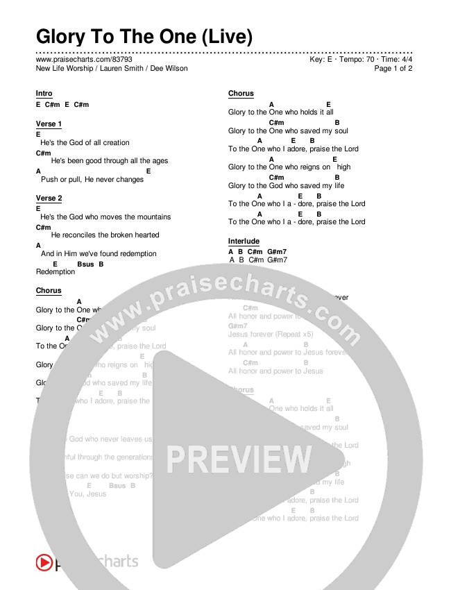 Glory To The One (Live) Chord Chart (New Life Worship / Lauren Smith / Dee Wilson)