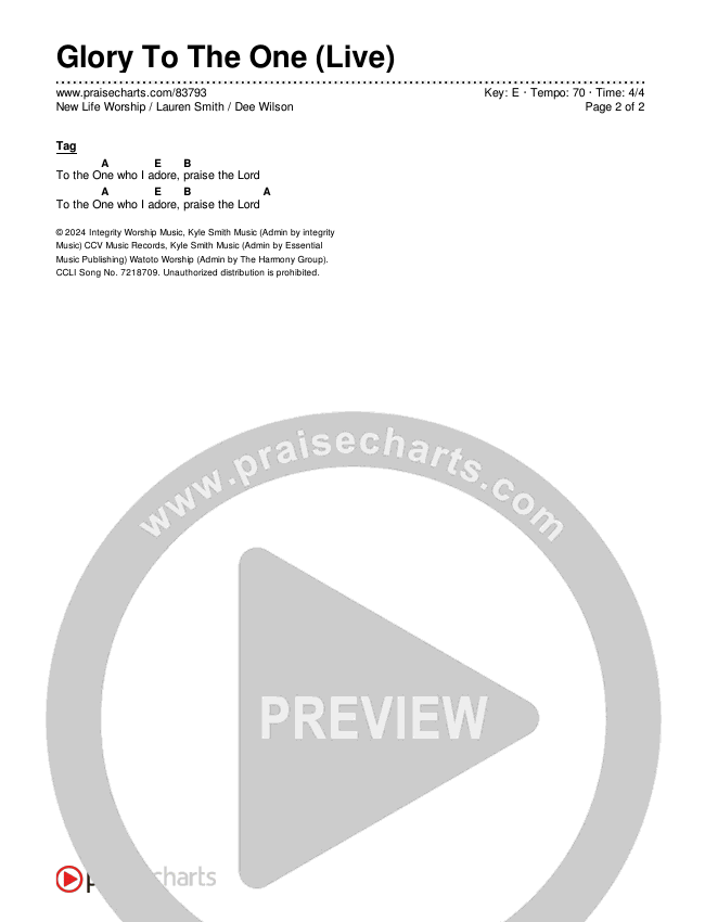 Glory To The One (Live) Chord Chart (New Life Worship / Lauren Smith / Dee Wilson)