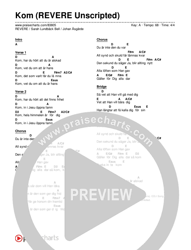 Kom (REVERE Unscripted) Chord Chart (REVERE / Sarah Lundbäck Bell / Johan Åsgärde)
