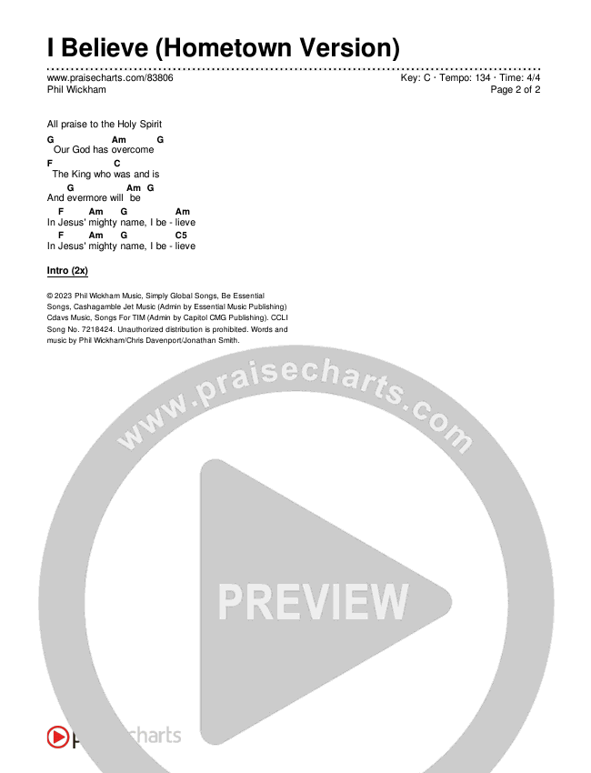 I Believe (Hometown Version) Chords & Lyrics (Phil Wickham)