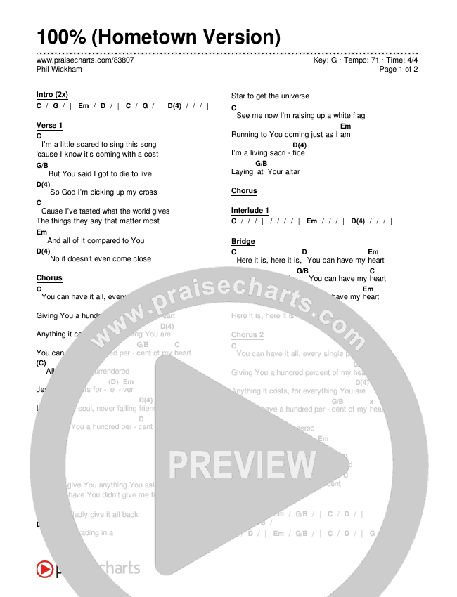 100% (Hometown Version) Chords & Lyrics (Phil Wickham)