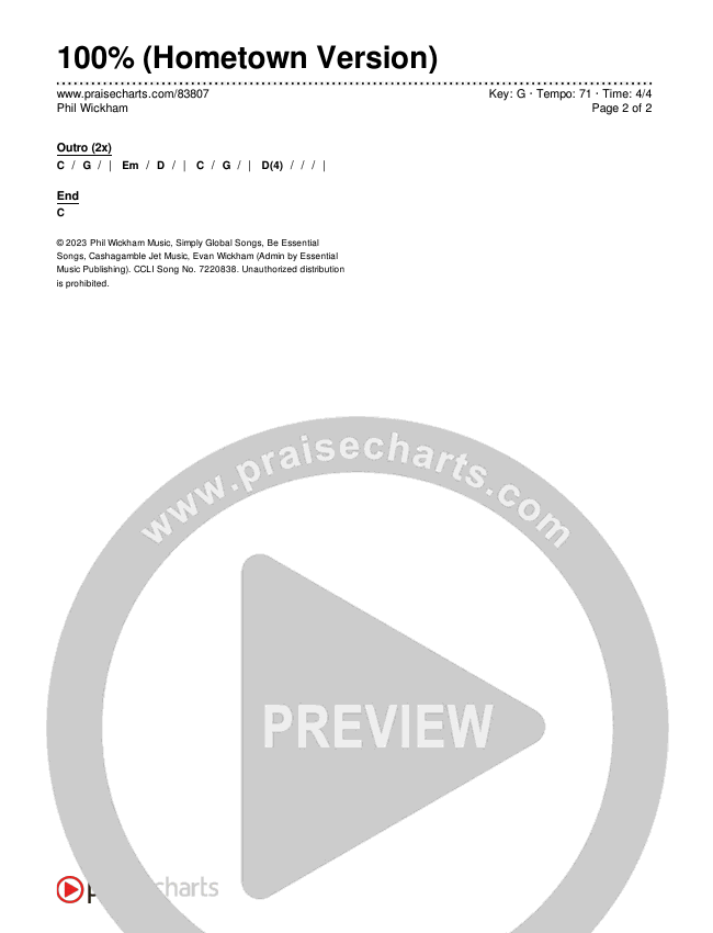 100% (Hometown Version) Chords & Lyrics (Phil Wickham)