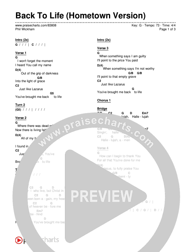 Back To Life (Hometown Version) Chords & Lyrics (Phil Wickham)