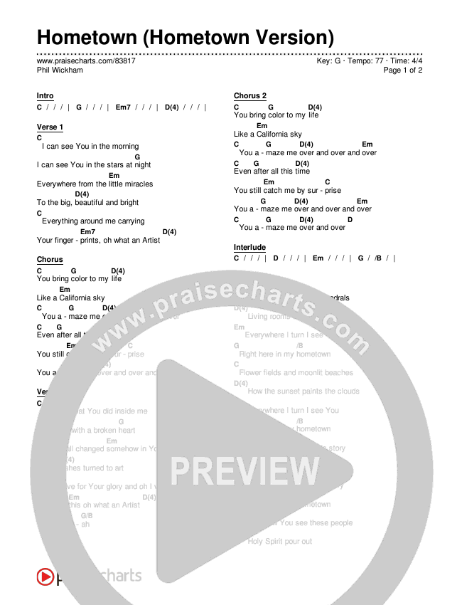 Hometown (Hometown Version) Chords & Lyrics (Phil Wickham)