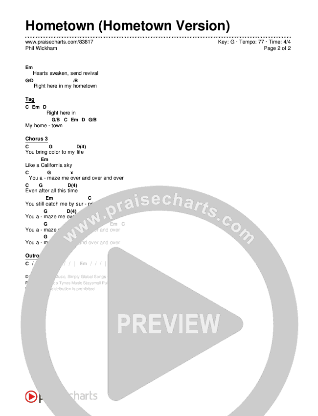 Hometown (Hometown Version) Chords & Lyrics (Phil Wickham)