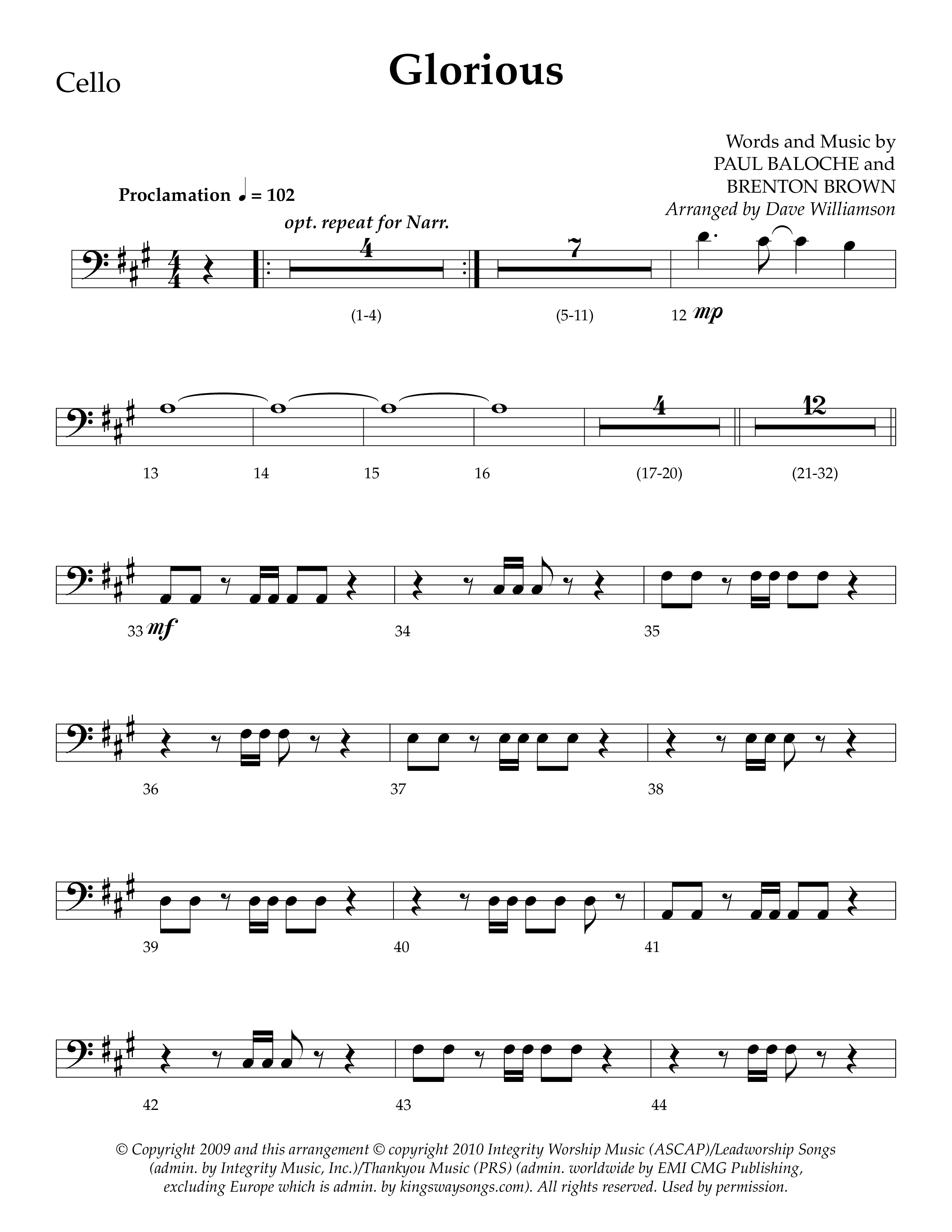 Glorious (Choral Anthem SATB) Cello (Lifeway Choral / Arr. Dave Williamson)