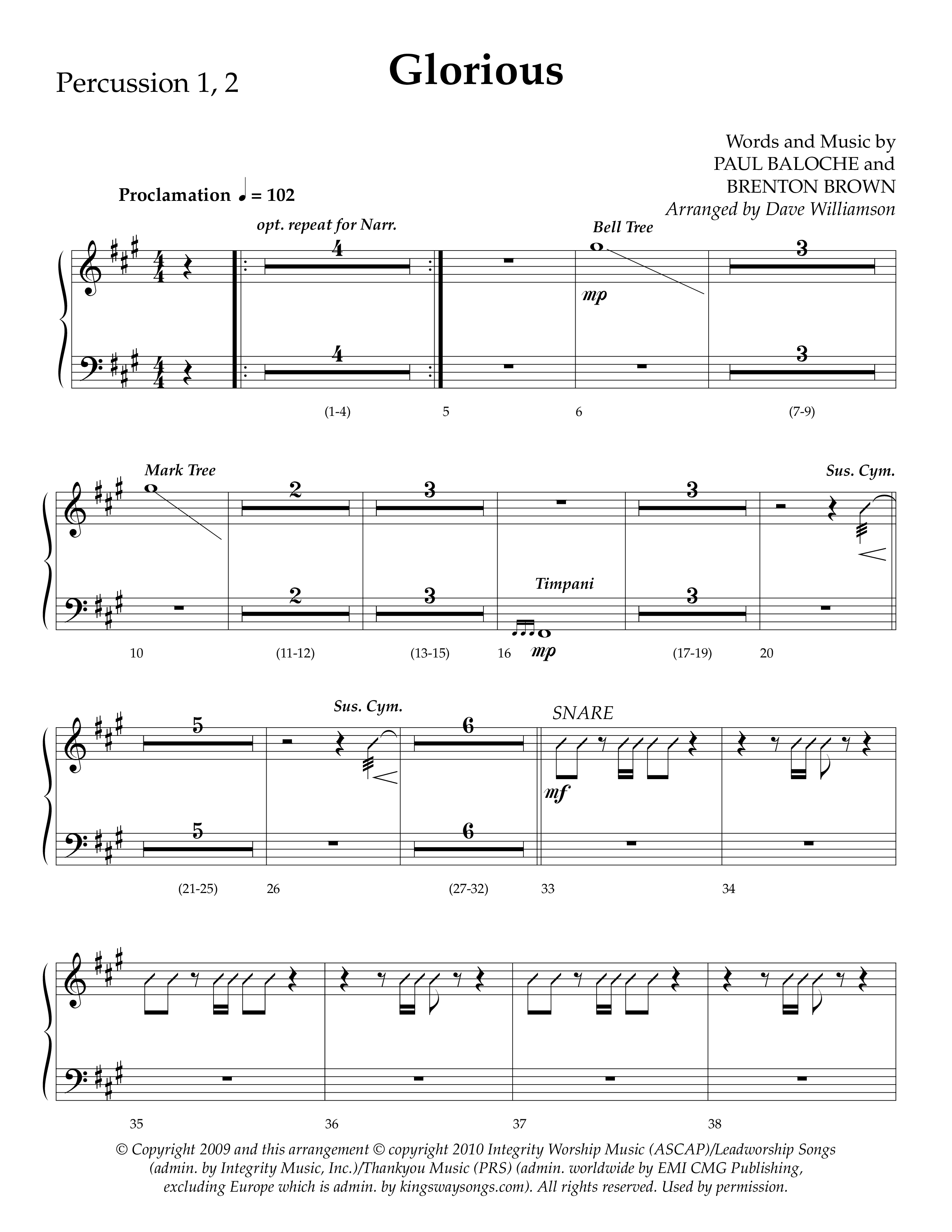 Glorious (Choral Anthem SATB) Percussion 1/2 (Lifeway Choral / Arr. Dave Williamson)
