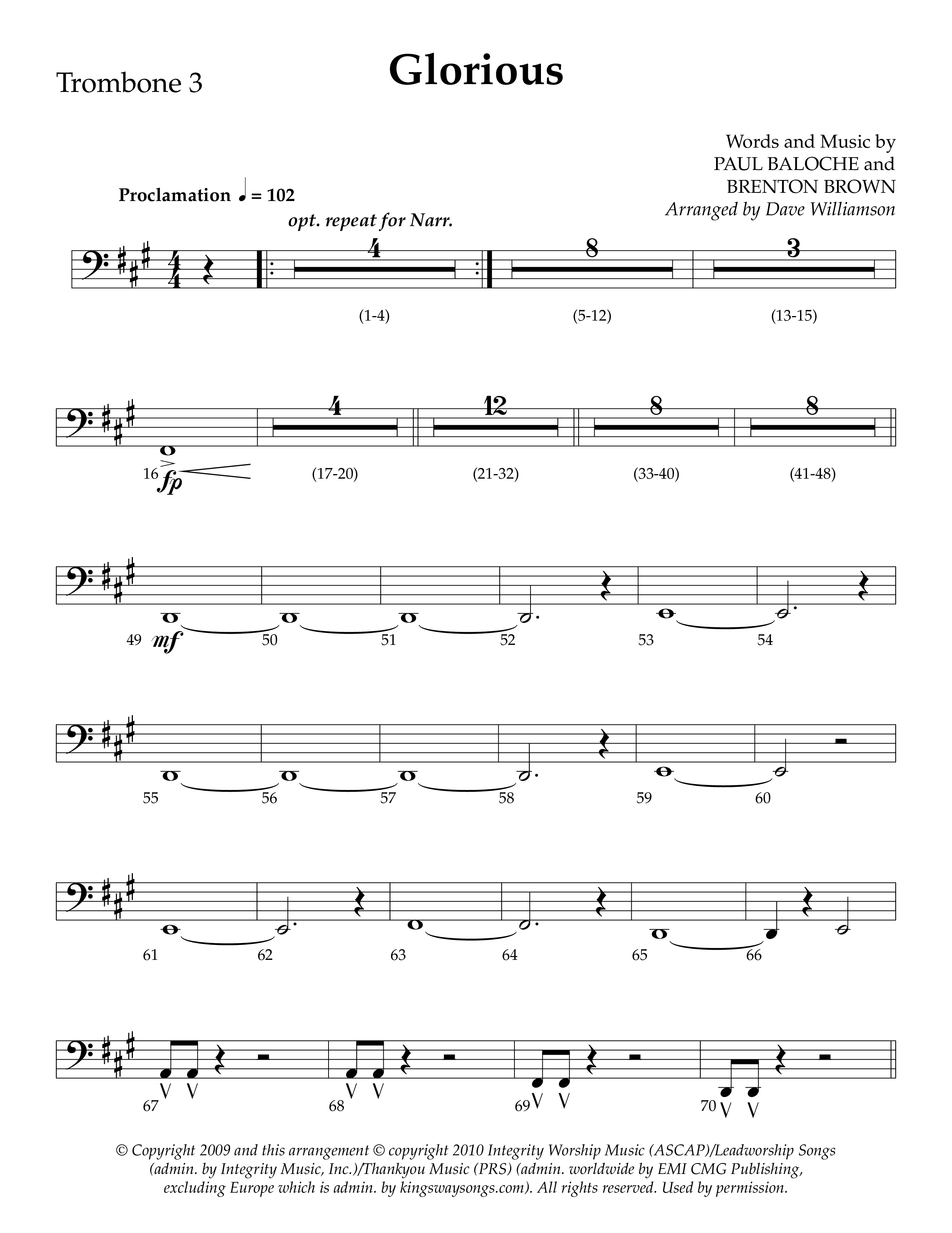 Glorious (Choral Anthem SATB) Trombone 3 (Lifeway Choral / Arr. Dave Williamson)