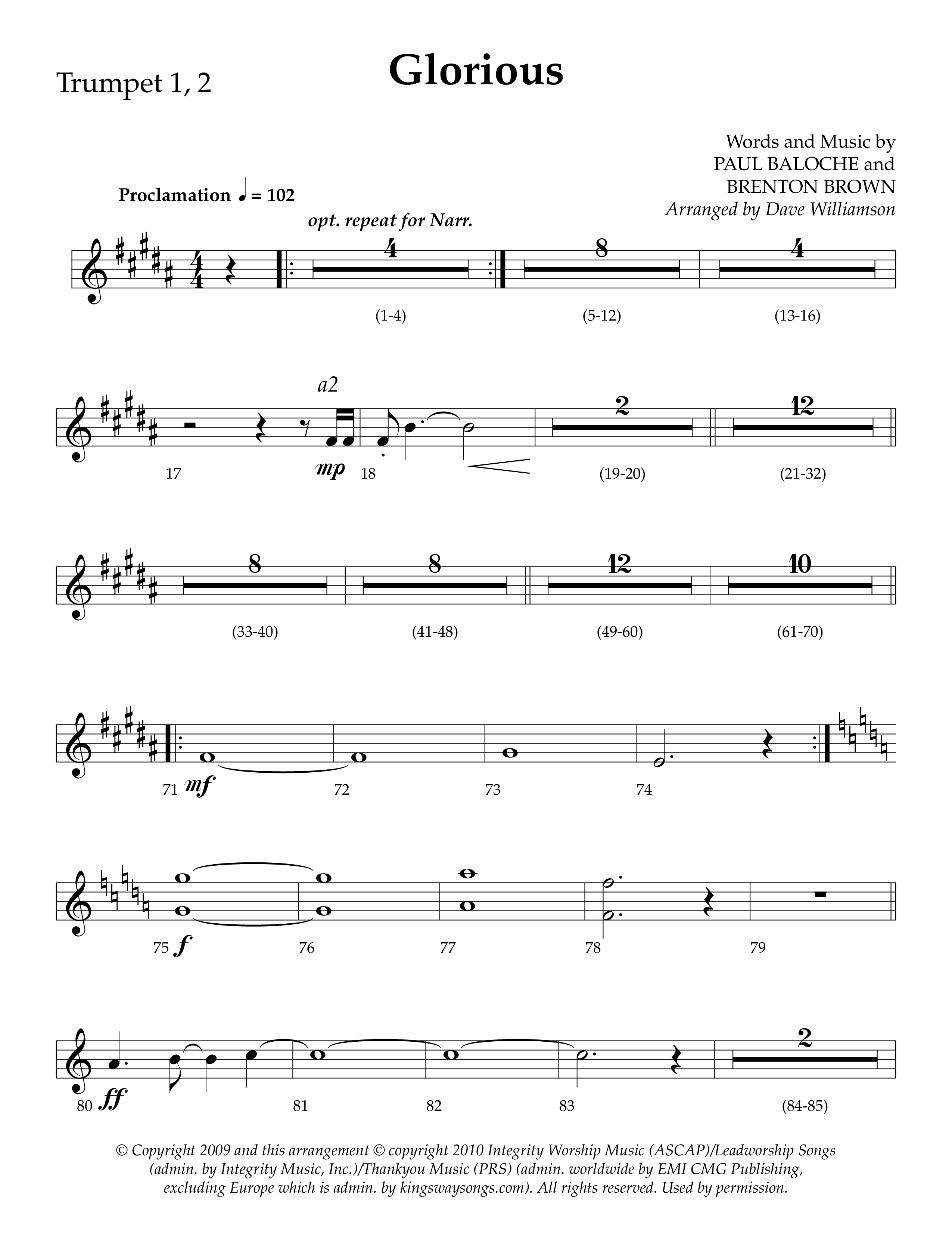 Glorious (Choral Anthem SATB) Trumpet 1,2 (Lifeway Choral / Arr. Dave Williamson)