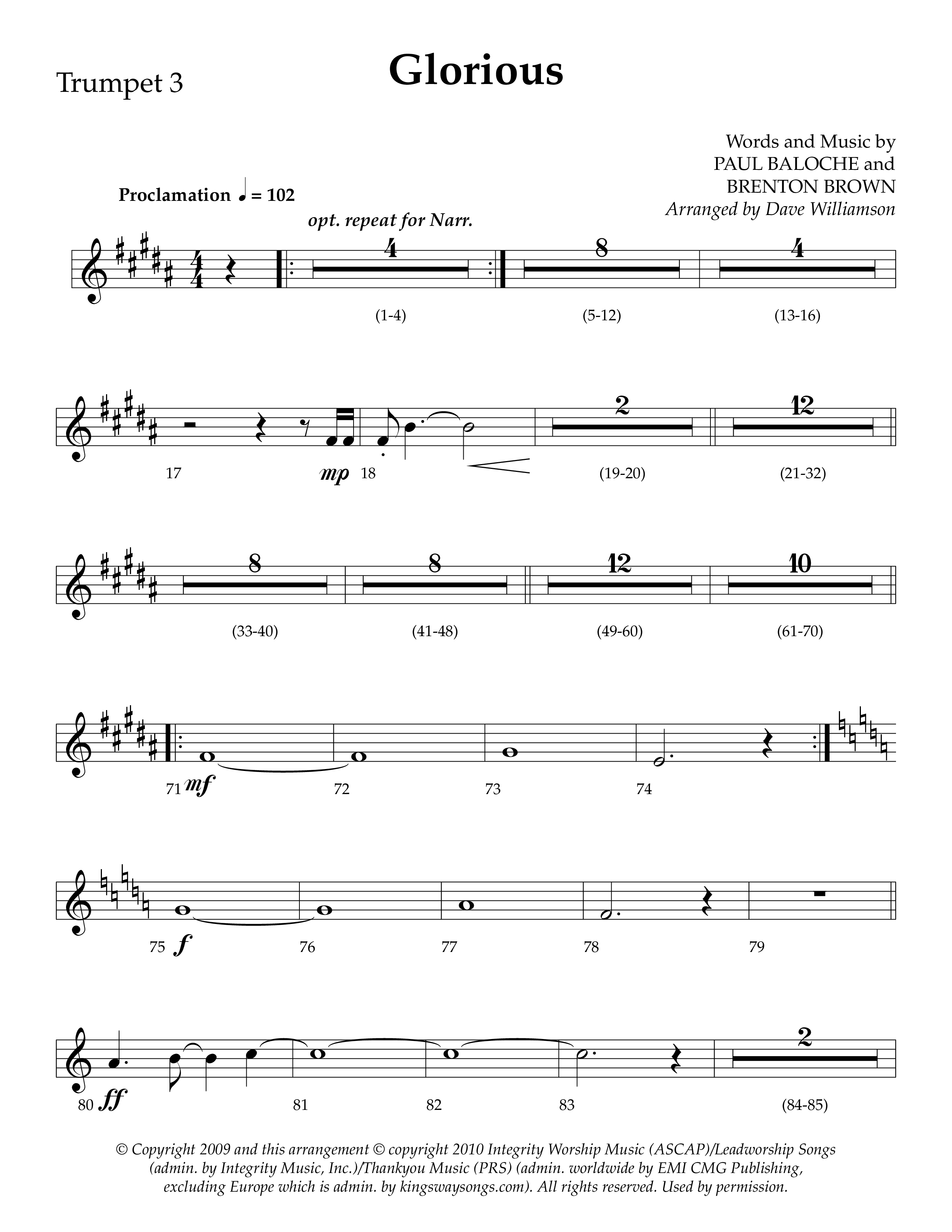 Glorious (Choral Anthem SATB) Trumpet 3 (Lifeway Choral / Arr. Dave Williamson)