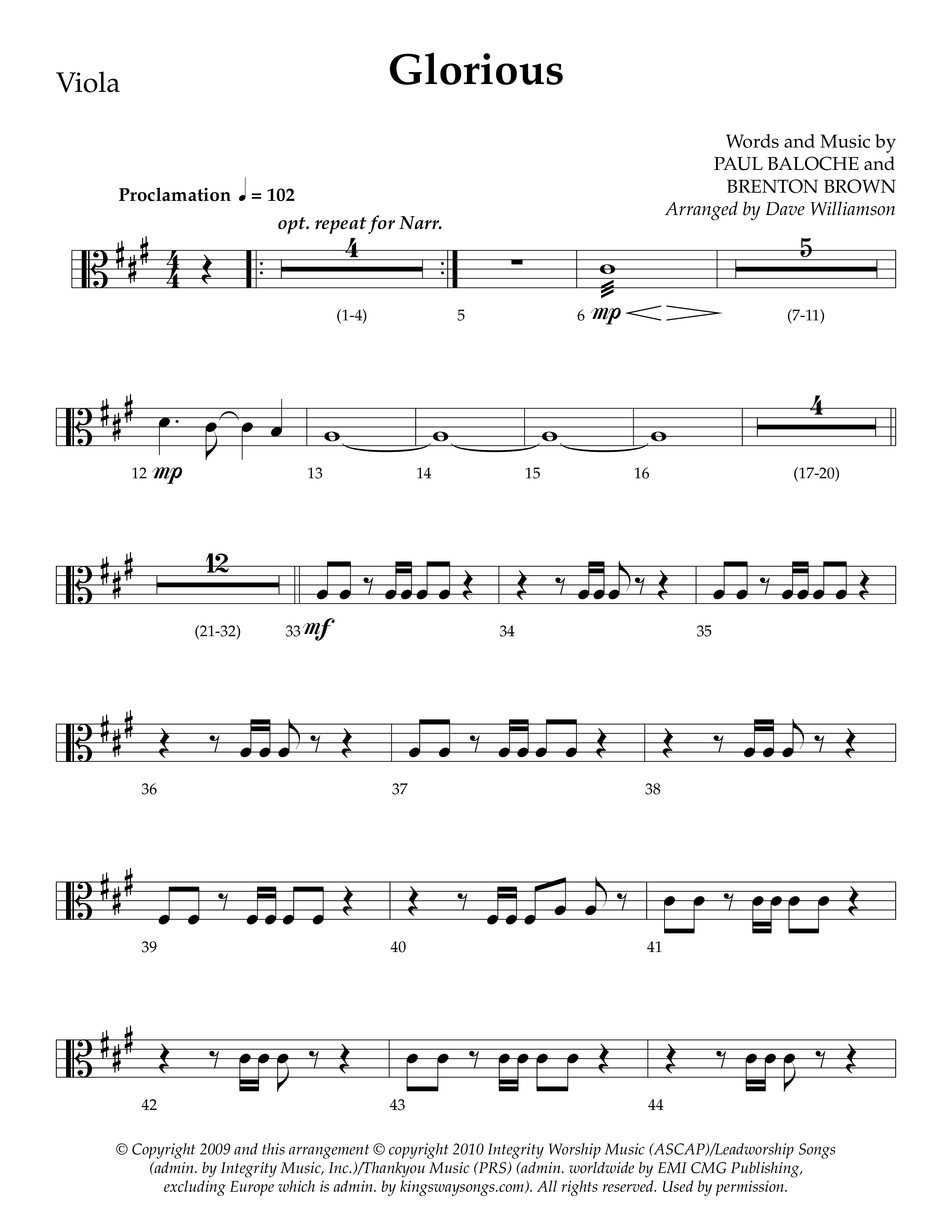 Glorious (Choral Anthem SATB) Viola (Lifeway Choral / Arr. Dave Williamson)