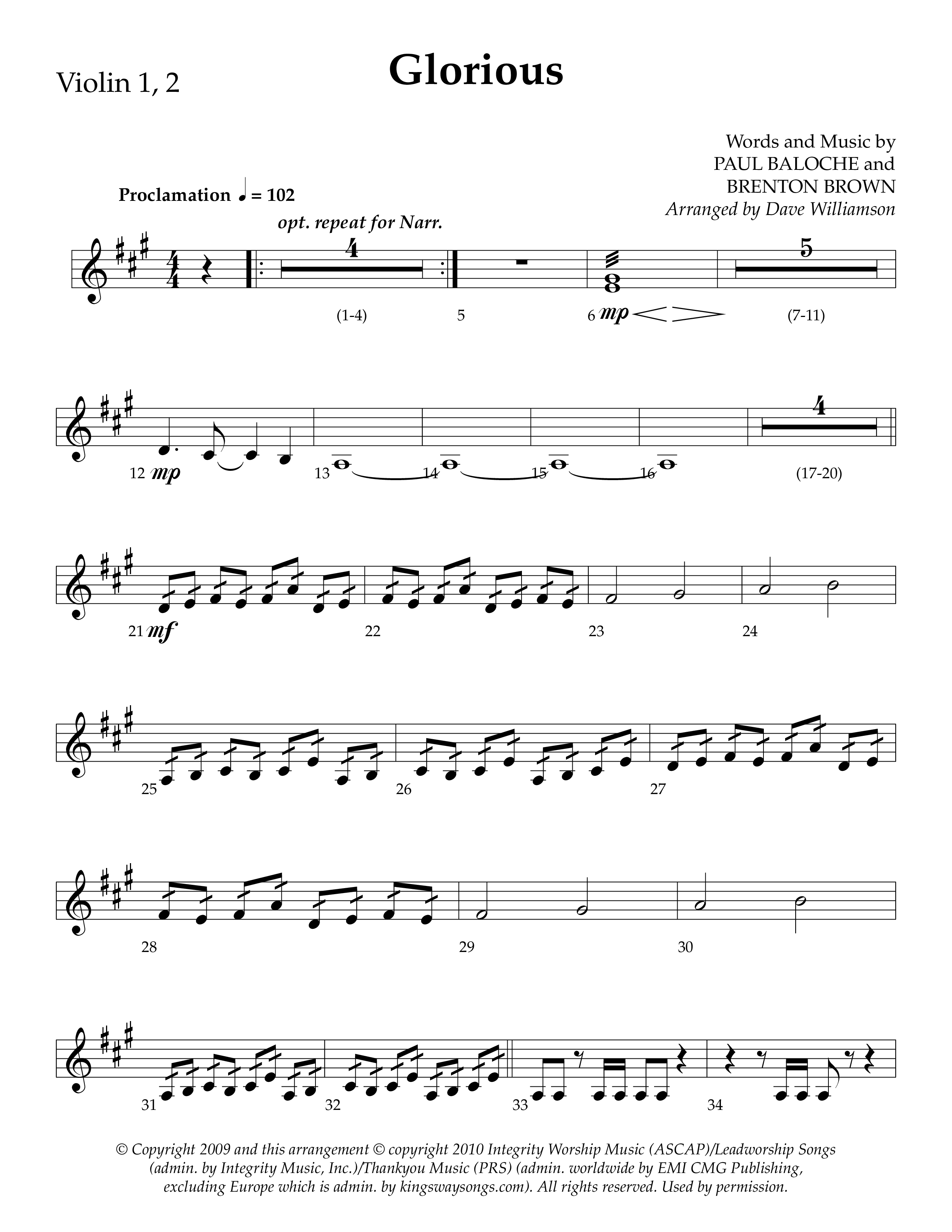 Glorious (Choral Anthem SATB) Violin 1/2 (Lifeway Choral / Arr. Dave Williamson)